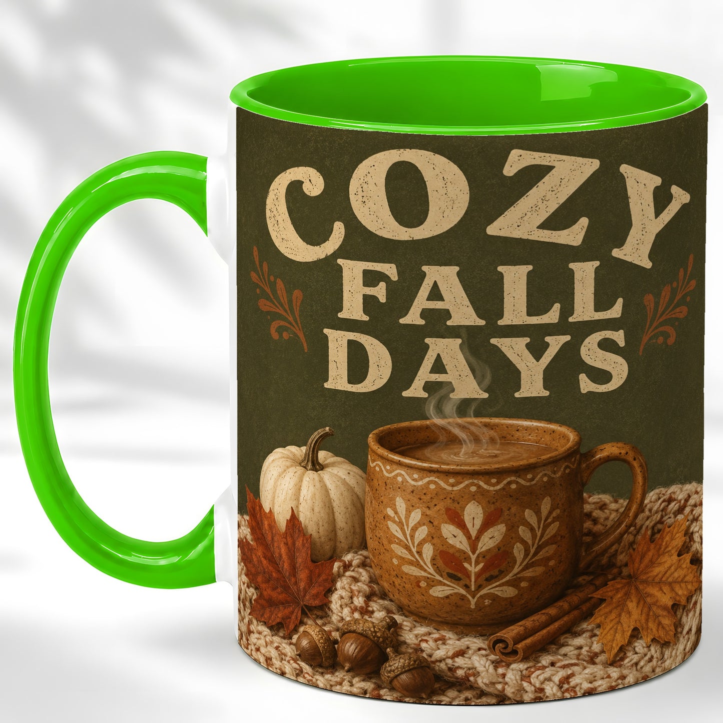 #pl[11oz|Green] Cozy Autumn Coffee Mug, Pumpkin Leaves Mug, Ceramic Cup