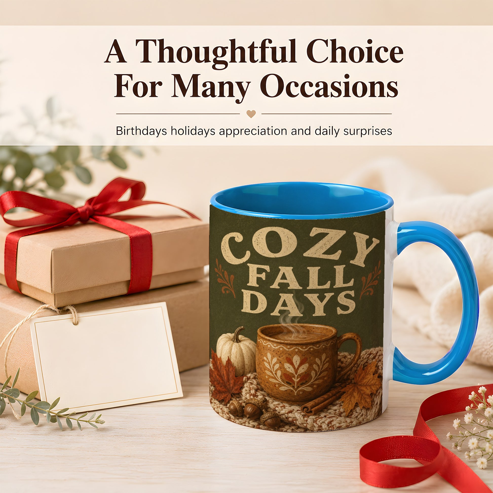 #pl[11oz|Blue] Cozy Autumn Coffee Mug, Pumpkin Leaves Mug, Ceramic Cup