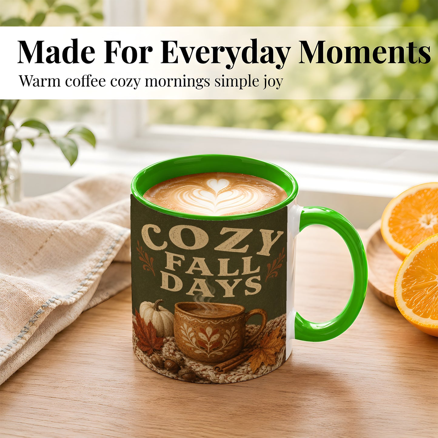 #pl[11oz|Green] Cozy Autumn Coffee Mug, Pumpkin Leaves Mug, Ceramic Cup