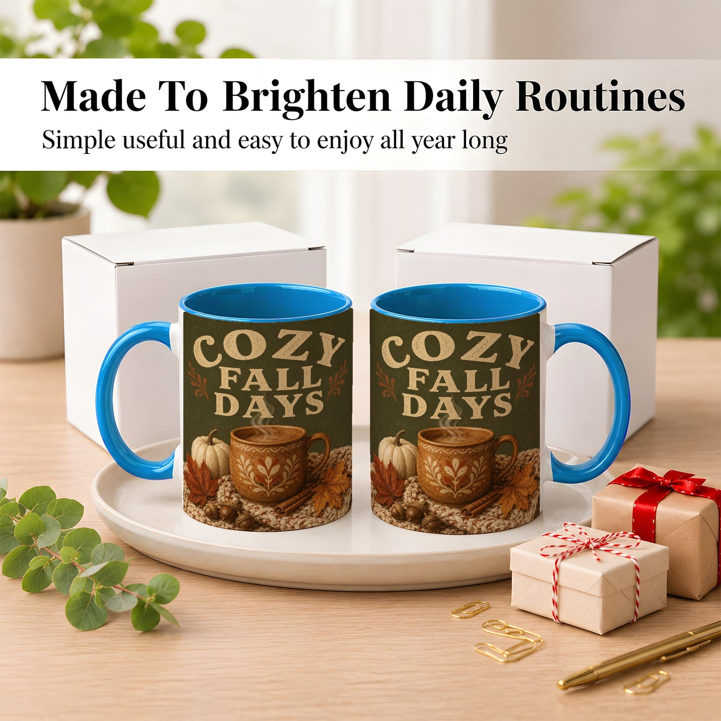 #pl[11oz|Blue] Cozy Autumn Coffee Mug, Pumpkin Leaves Mug, Ceramic Cup