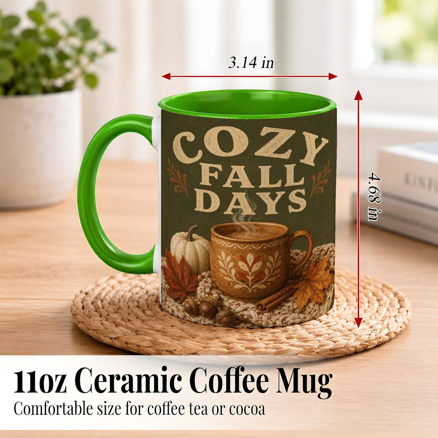 #pl[11oz|Green] Cozy Autumn Coffee Mug, Pumpkin Leaves Mug, Ceramic Cup