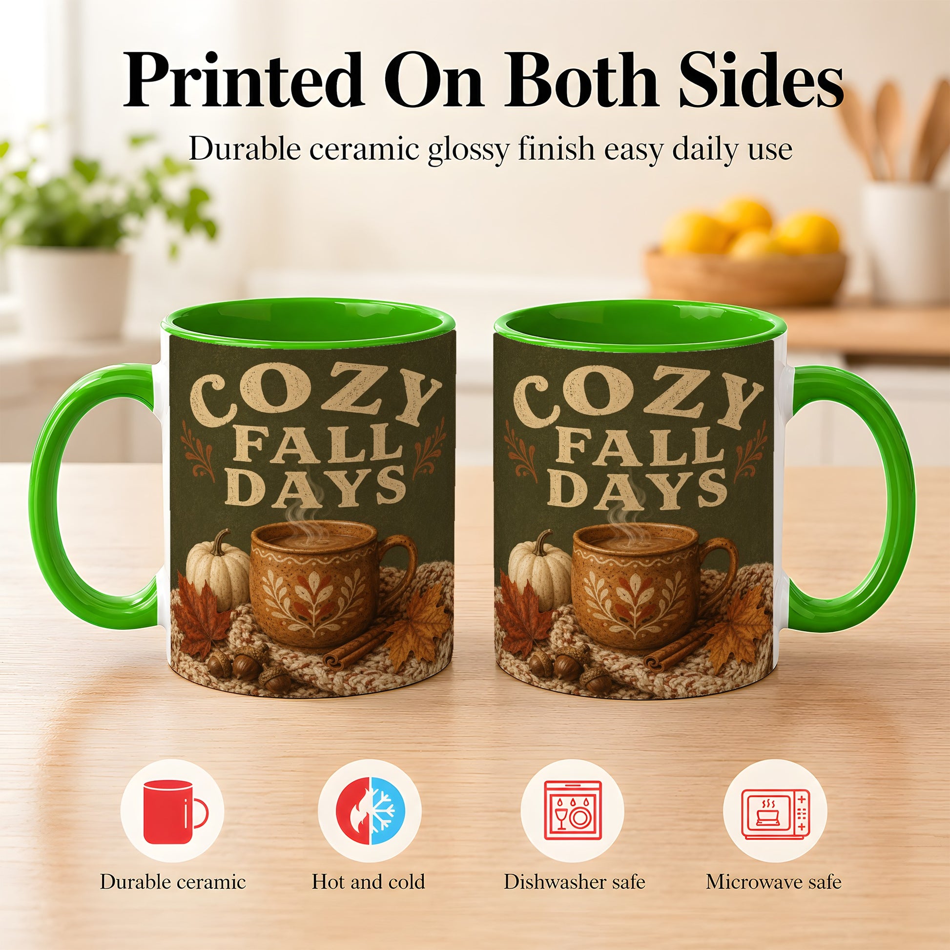 #pl[11oz|Green] Cozy Autumn Coffee Mug, Pumpkin Leaves Mug, Ceramic Cup