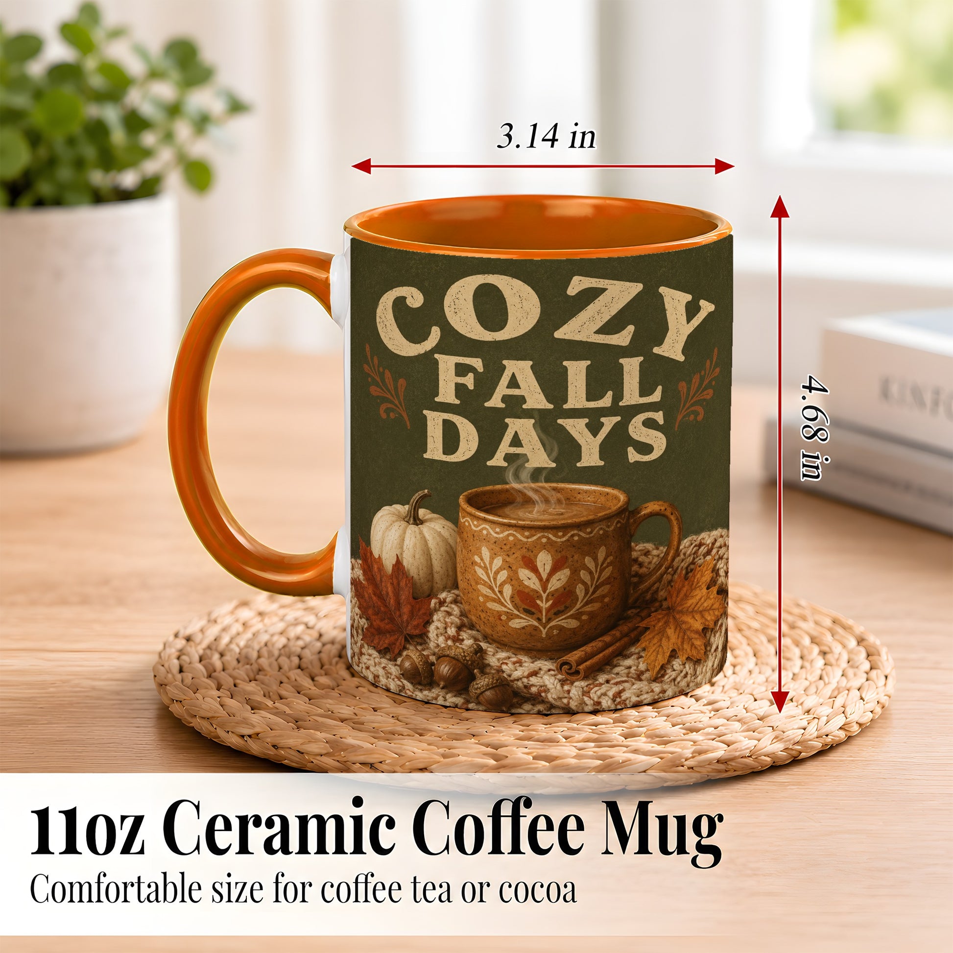 #pl[11oz|Orange] Cozy Autumn Coffee Mug, Pumpkin Leaves Mug, Ceramic Cup