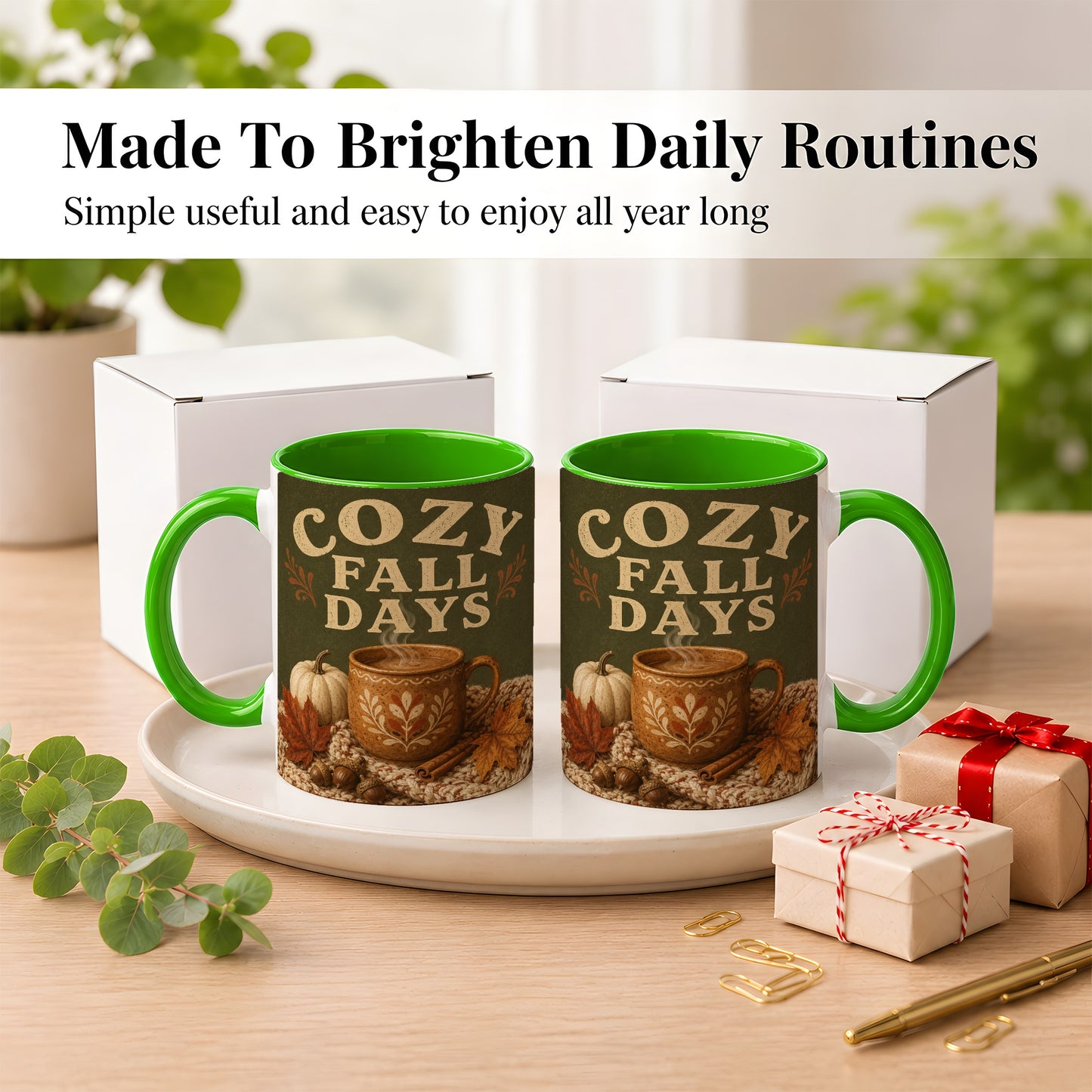 #pl[11oz|Green] Cozy Autumn Coffee Mug, Pumpkin Leaves Mug, Ceramic Cup