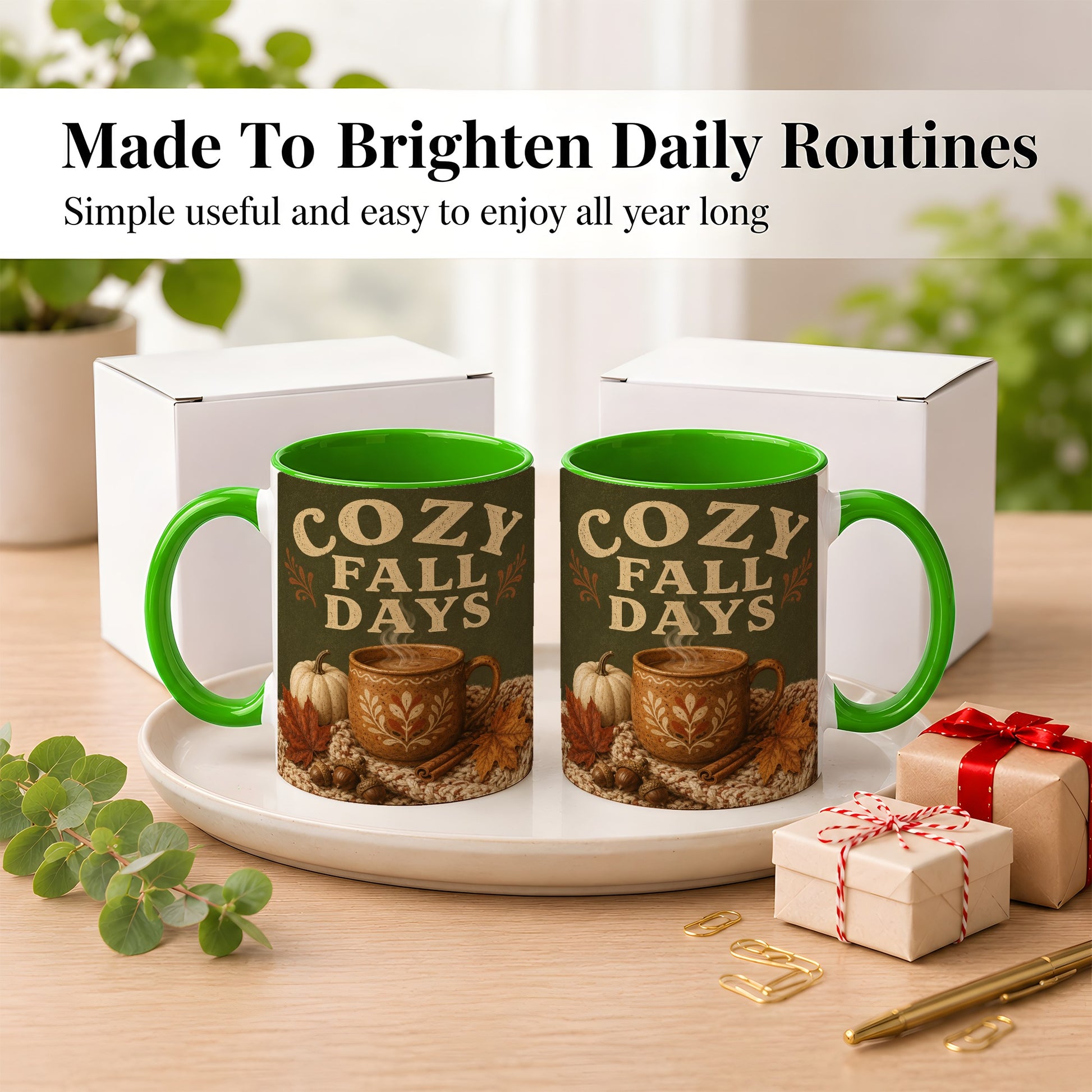 #pl[11oz|Green] Cozy Autumn Coffee Mug, Pumpkin Leaves Mug, Ceramic Cup