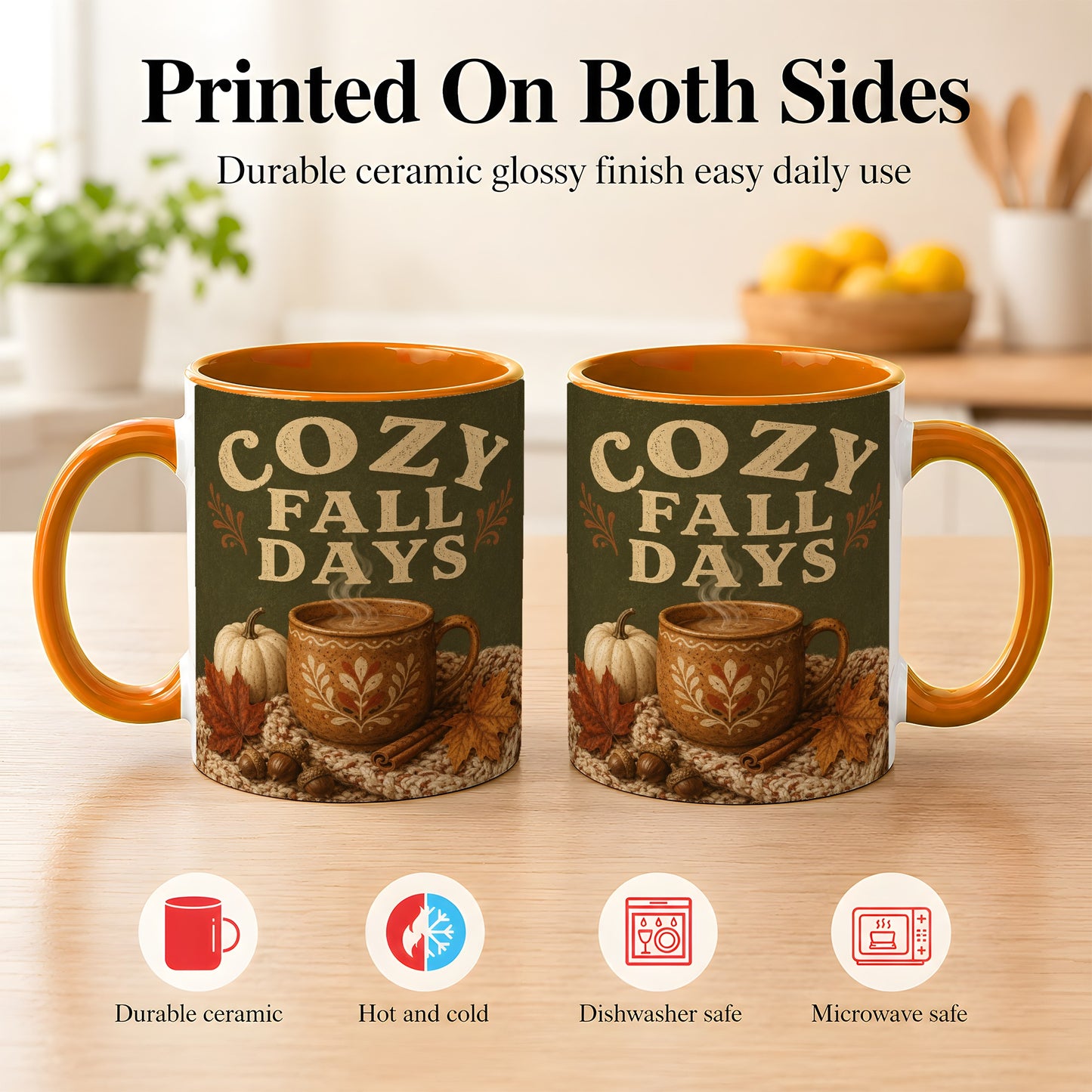#pl[11oz|Orange] Cozy Autumn Coffee Mug, Pumpkin Leaves Mug, Ceramic Cup
