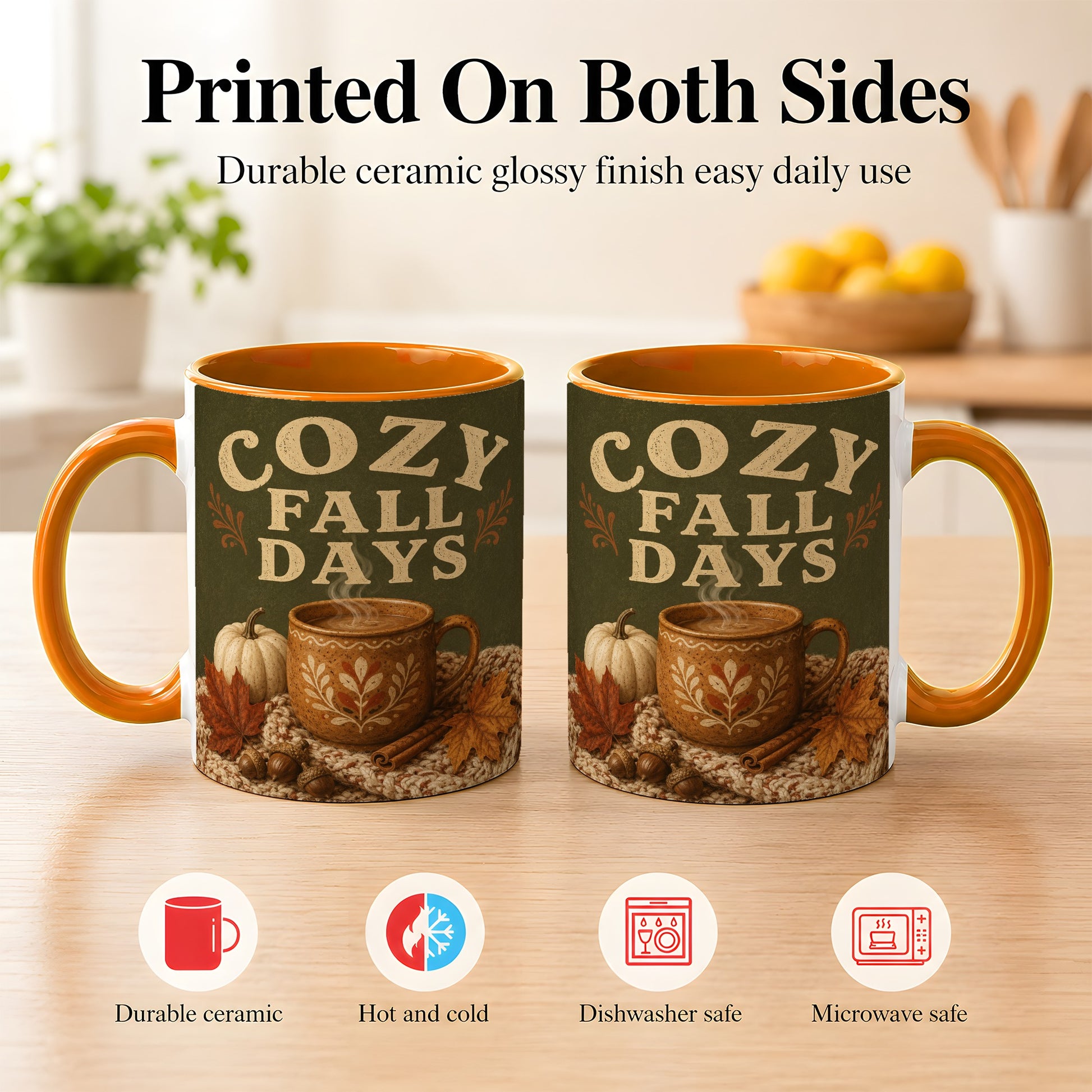 #pl[11oz|Orange] Cozy Autumn Coffee Mug, Pumpkin Leaves Mug, Ceramic Cup