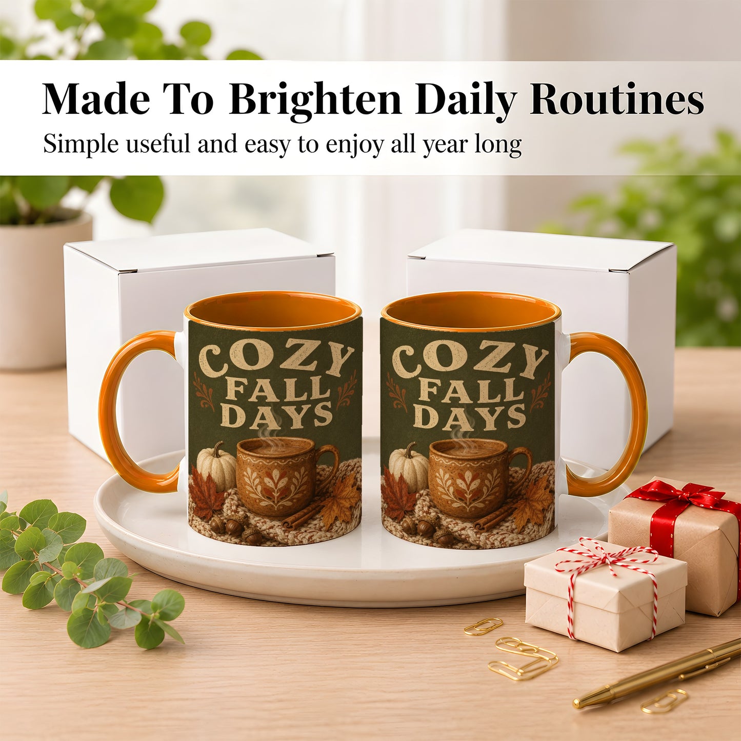 #pl[11oz|Orange] Cozy Autumn Coffee Mug, Pumpkin Leaves Mug, Ceramic Cup