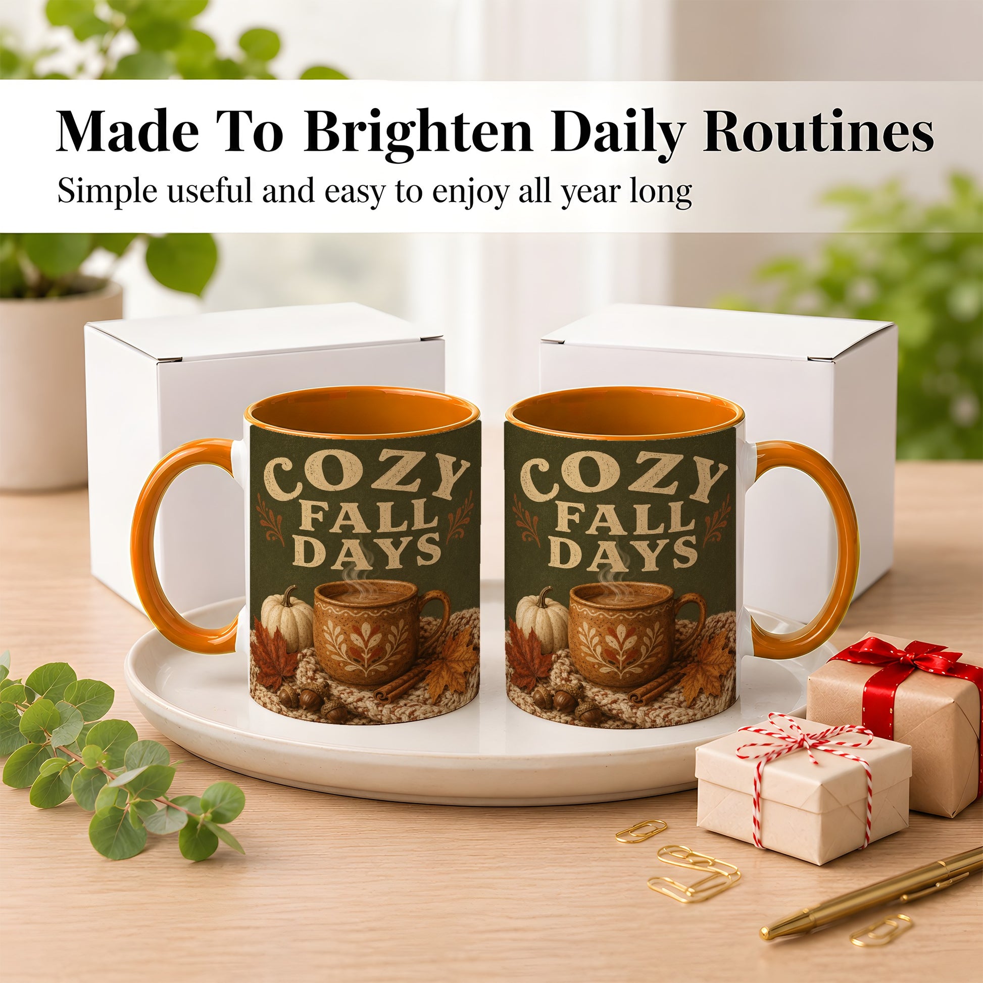 #pl[11oz|Orange] Cozy Autumn Coffee Mug, Pumpkin Leaves Mug, Ceramic Cup