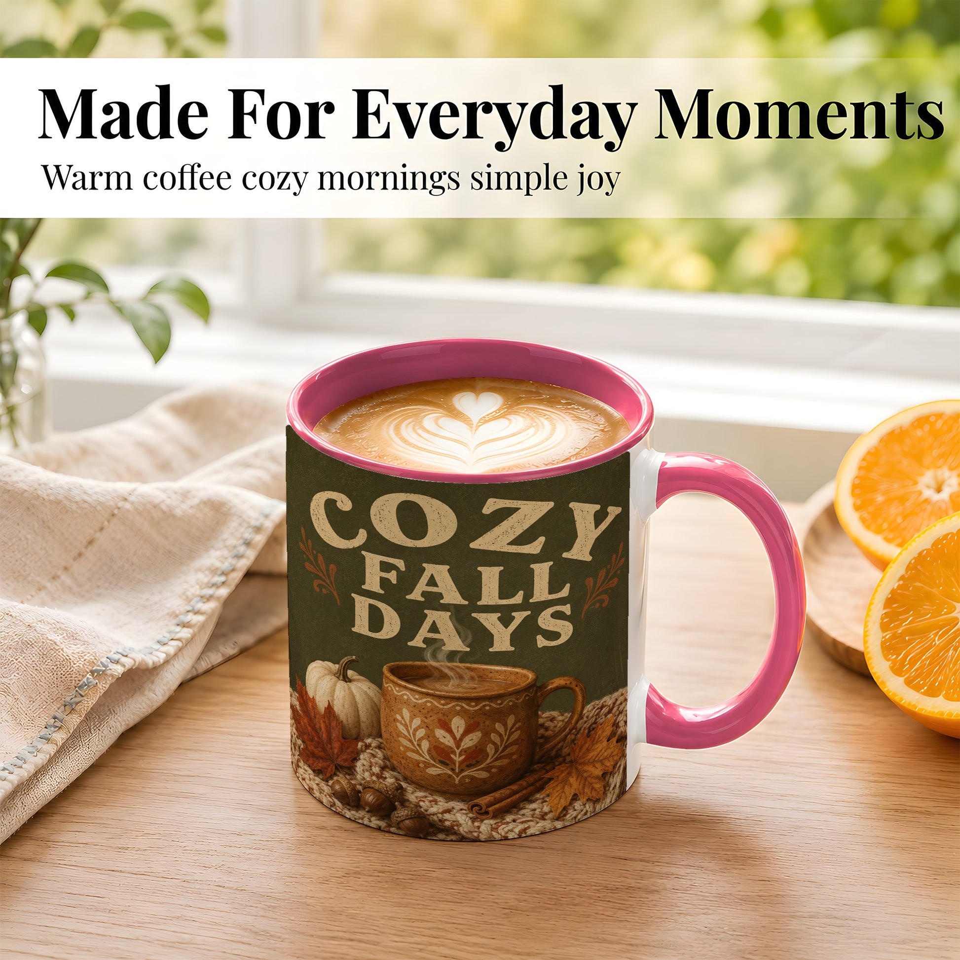 #pl[11oz|Pink] Cozy Autumn Coffee Mug, Pumpkin Leaves Mug, Ceramic Cup