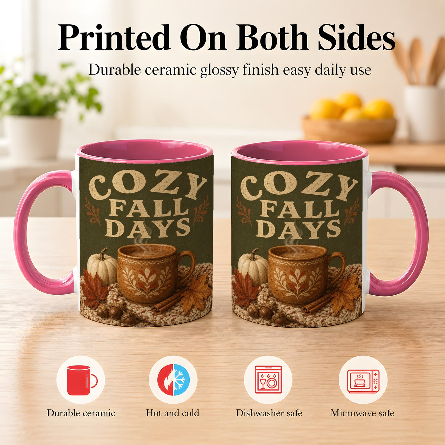 #pl[11oz|Pink] Cozy Autumn Coffee Mug, Pumpkin Leaves Mug, Ceramic Cup