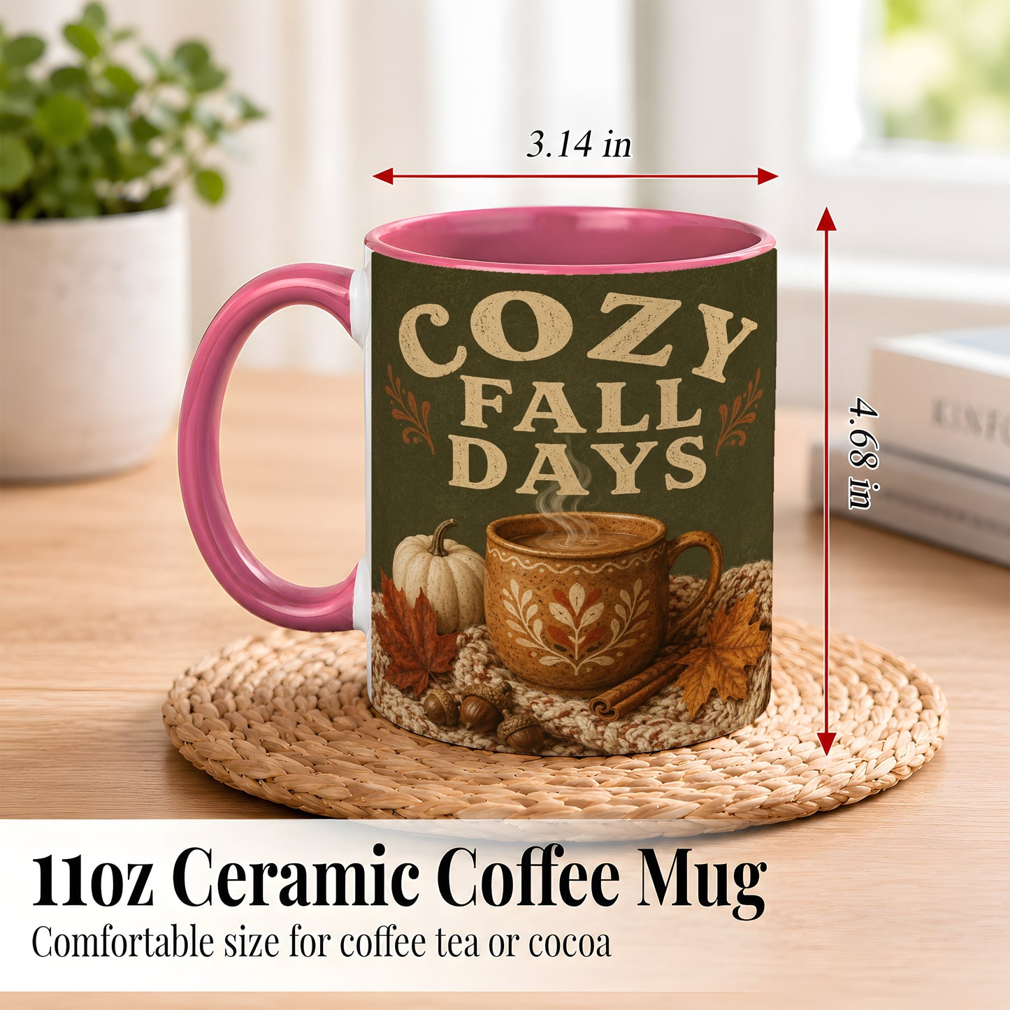 #pl[11oz|Pink] Cozy Autumn Coffee Mug, Pumpkin Leaves Mug, Ceramic Cup