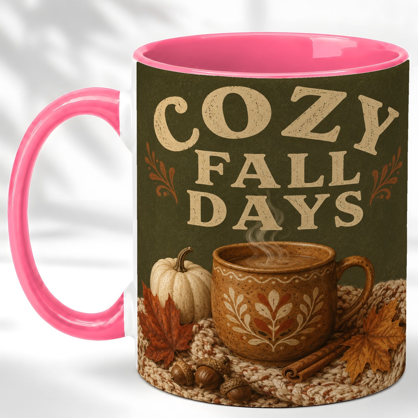 #pl[11oz|Pink] Cozy Autumn Coffee Mug, Pumpkin Leaves Mug, Ceramic Cup