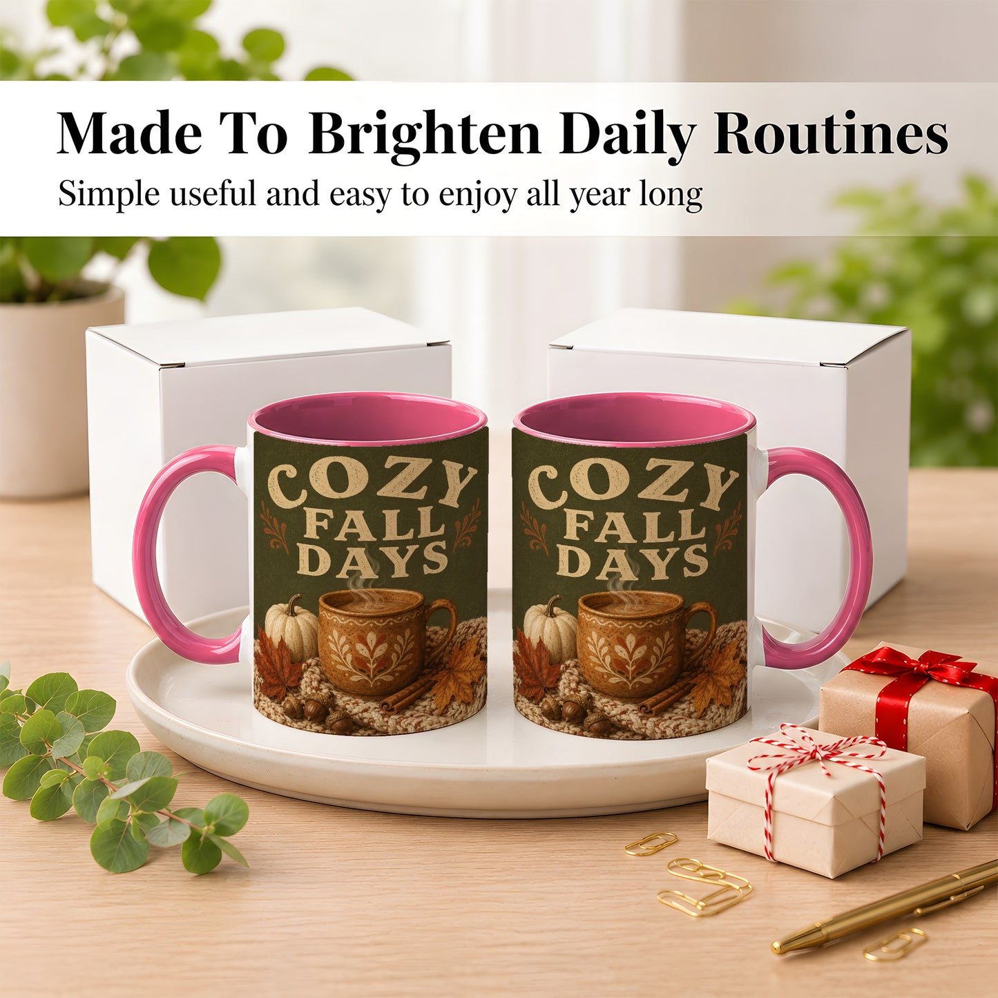 #pl[11oz|Pink] Cozy Autumn Coffee Mug, Pumpkin Leaves Mug, Ceramic Cup