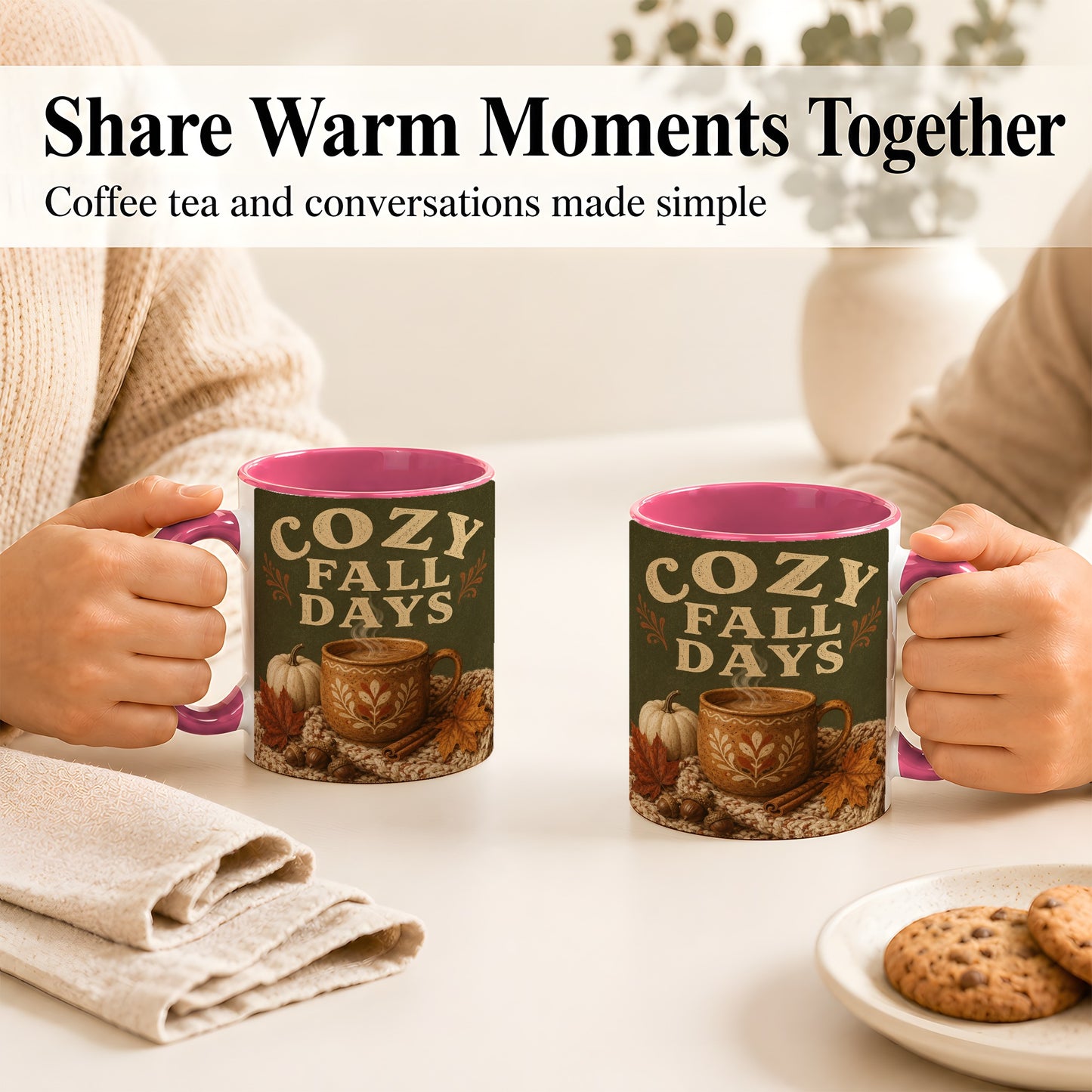 #pl[11oz|Pink] Cozy Autumn Coffee Mug, Pumpkin Leaves Mug, Ceramic Cup