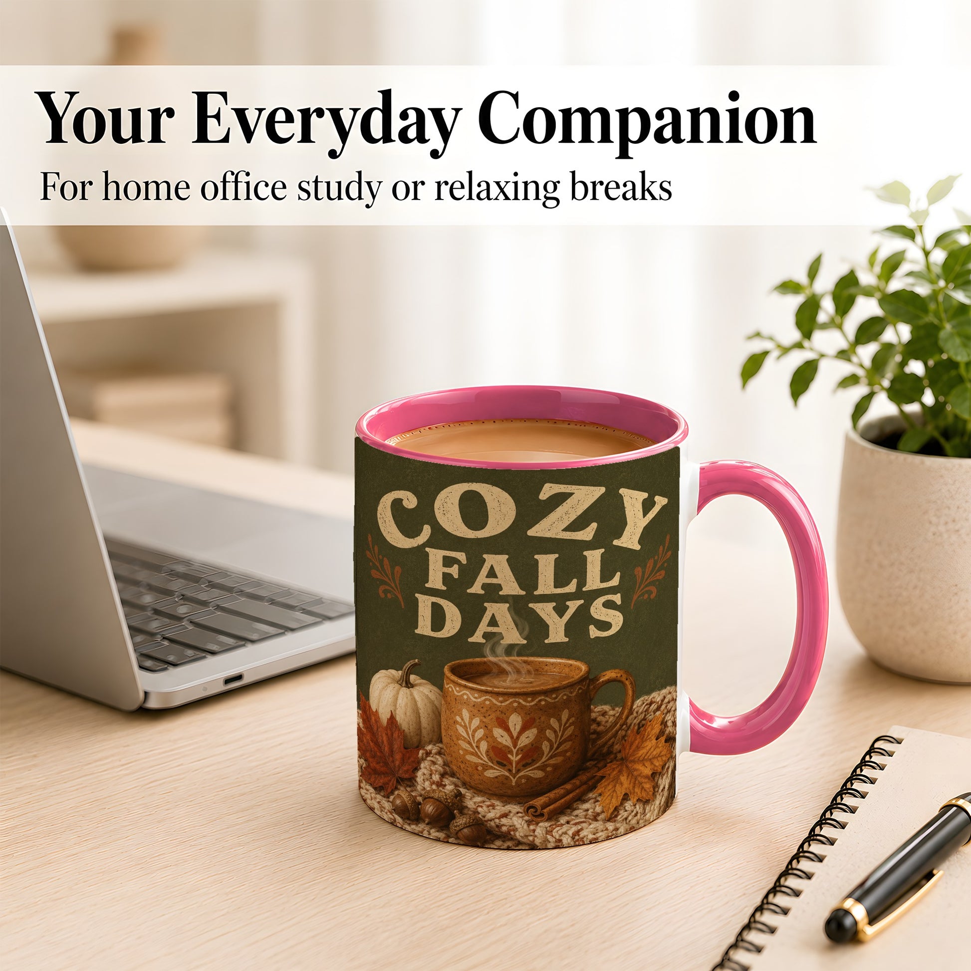 #pl[11oz|Pink] Cozy Autumn Coffee Mug, Pumpkin Leaves Mug, Ceramic Cup