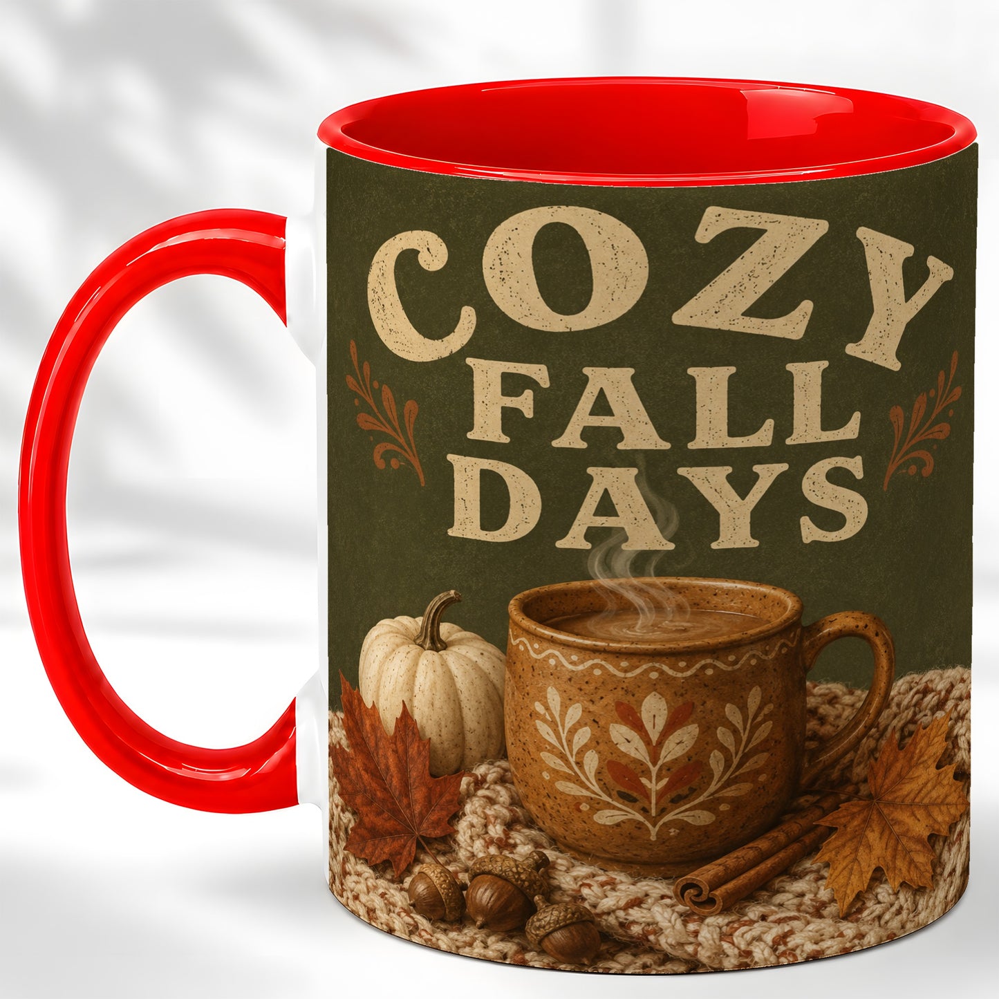 #pl[11oz|Red] Cozy Autumn Coffee Mug, Pumpkin Leaves Mug, Ceramic Cup