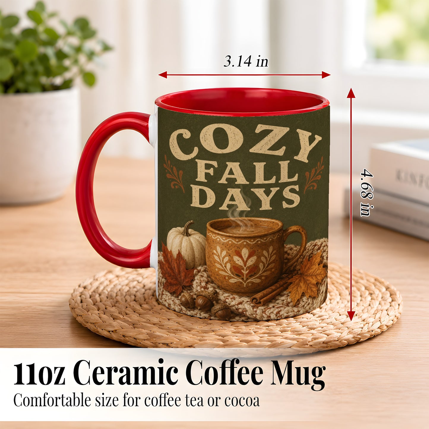 #pl[11oz|Red] Cozy Autumn Coffee Mug, Pumpkin Leaves Mug, Ceramic Cup