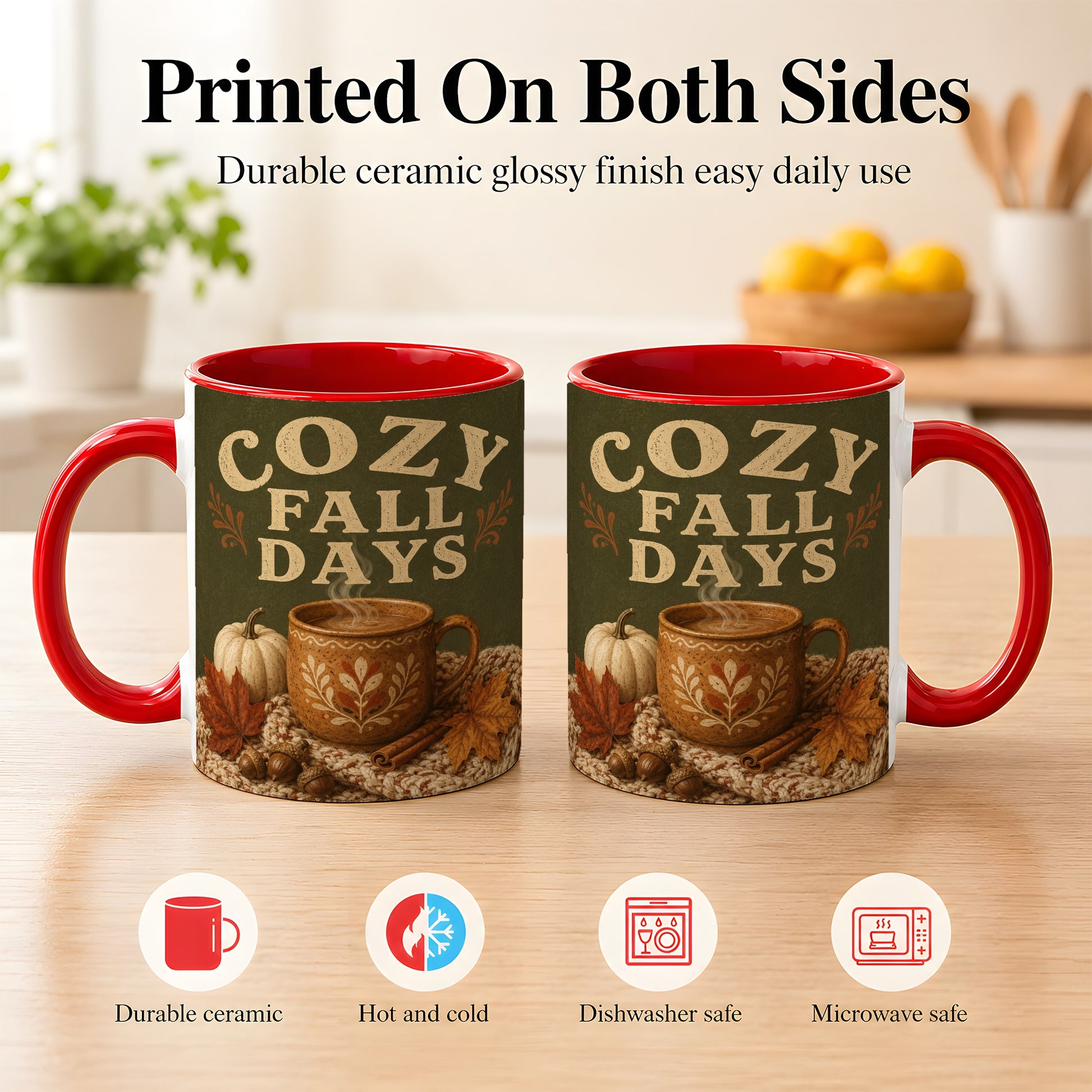 #pl[11oz|Red] Cozy Autumn Coffee Mug, Pumpkin Leaves Mug, Ceramic Cup