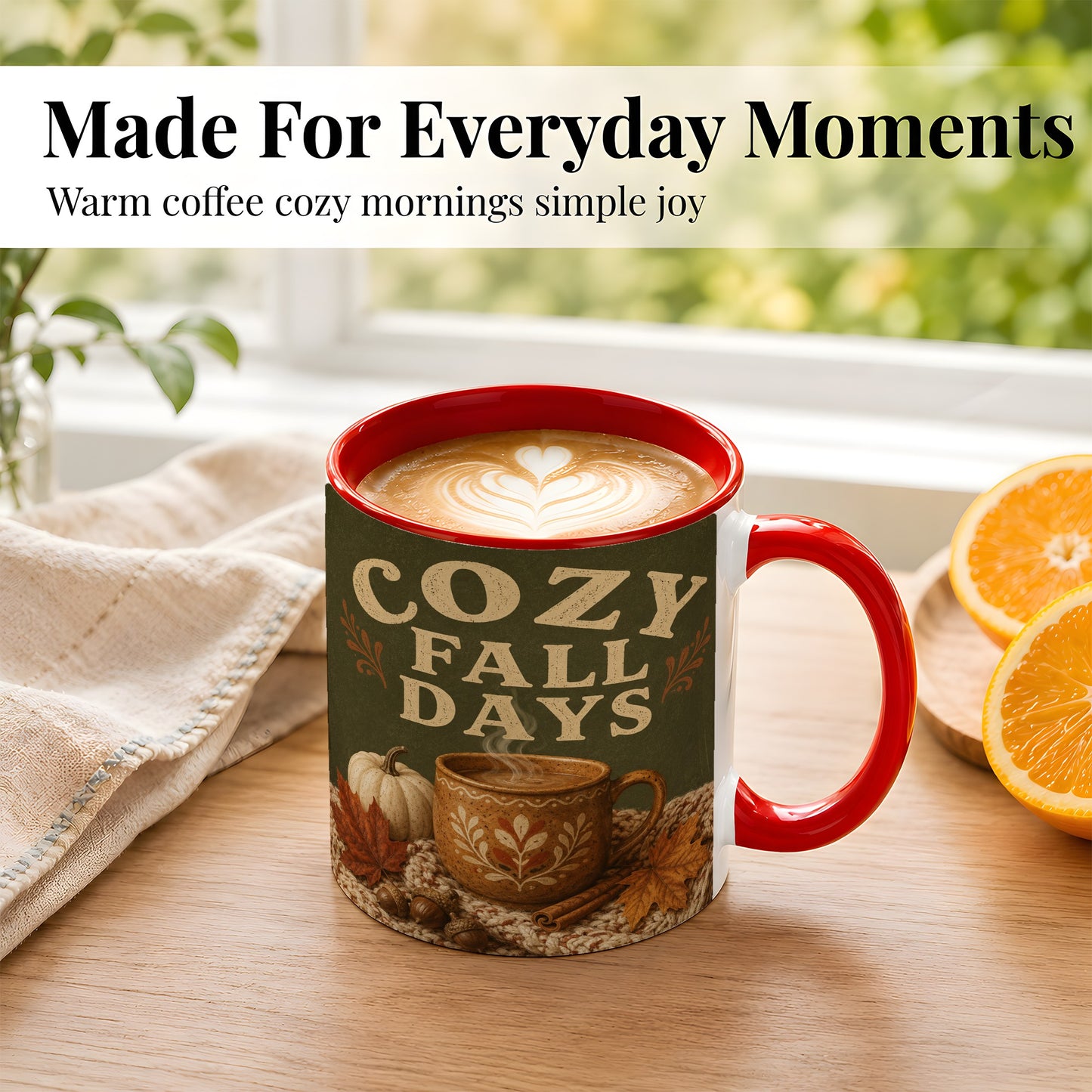 #pl[11oz|Red] Cozy Autumn Coffee Mug, Pumpkin Leaves Mug, Ceramic Cup
