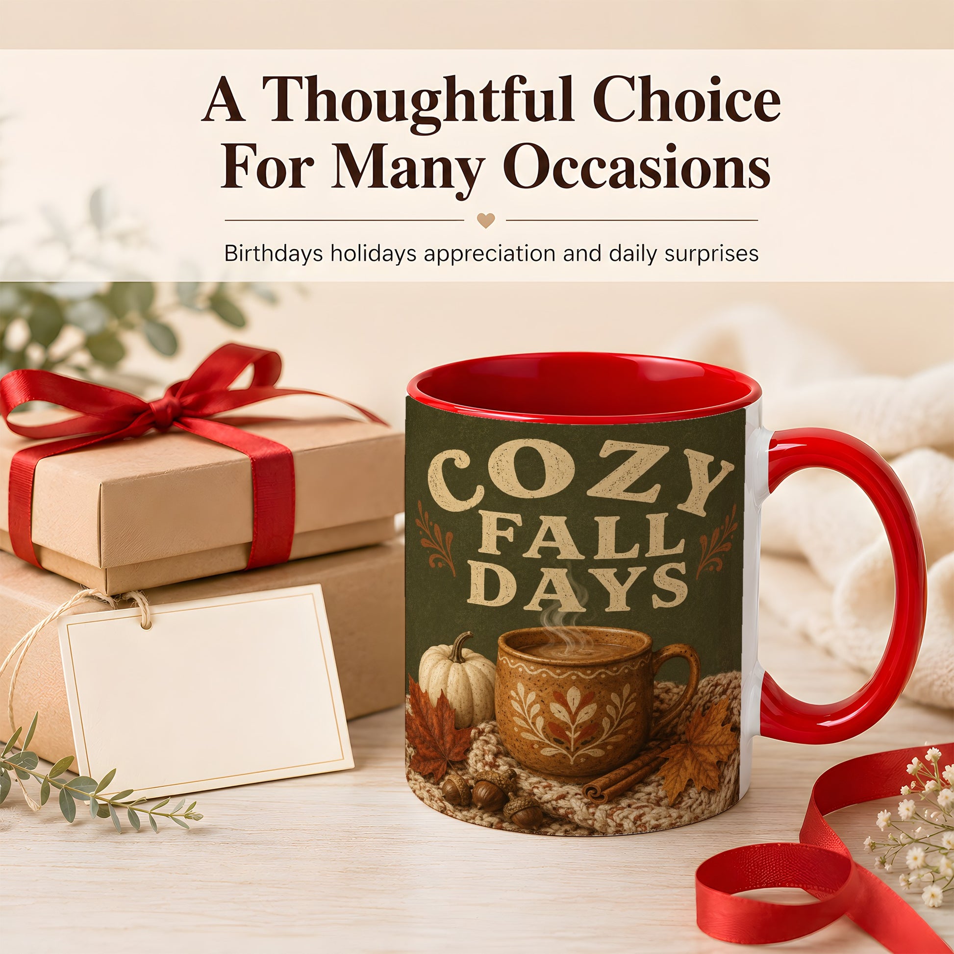 #pl[11oz|Red] Cozy Autumn Coffee Mug, Pumpkin Leaves Mug, Ceramic Cup