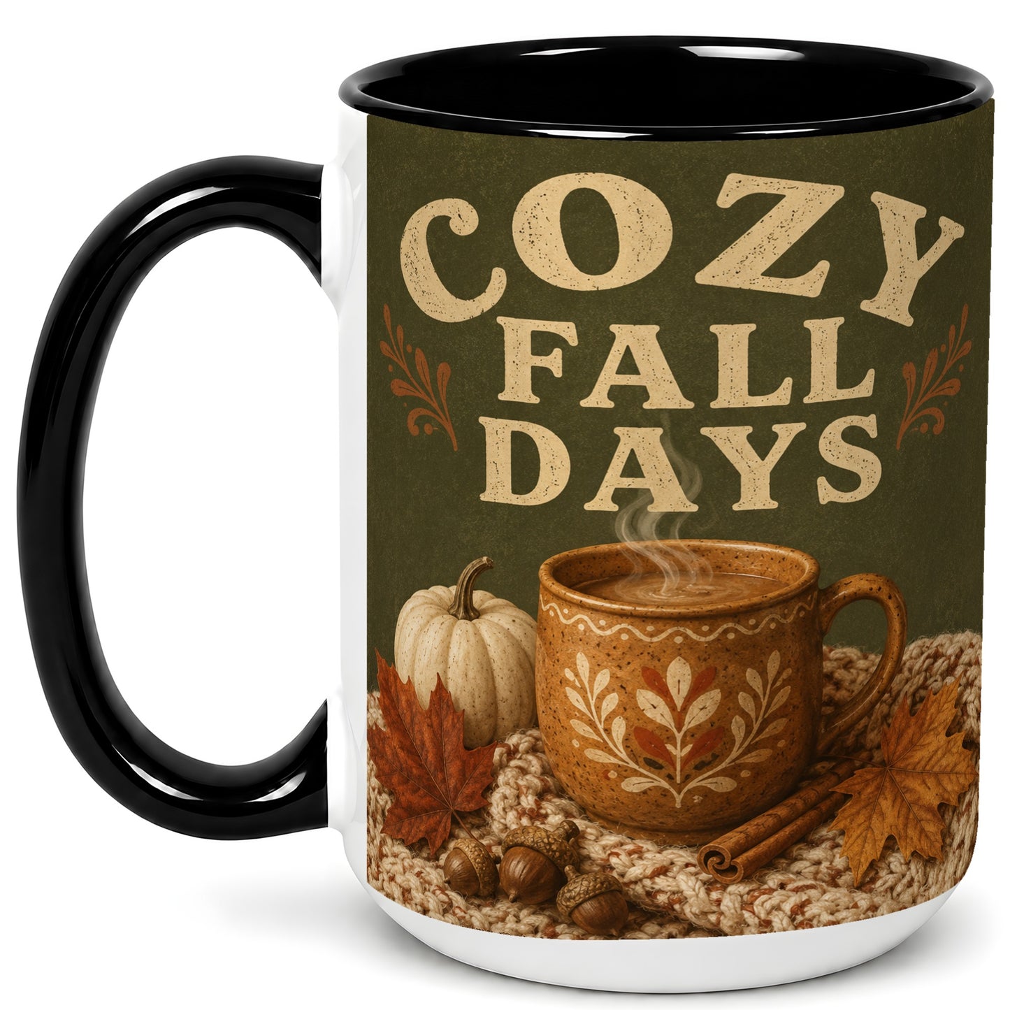 #pl[15oz|Black] Cozy Autumn Coffee Mug, Pumpkin Leaves Mug, Ceramic Cup
