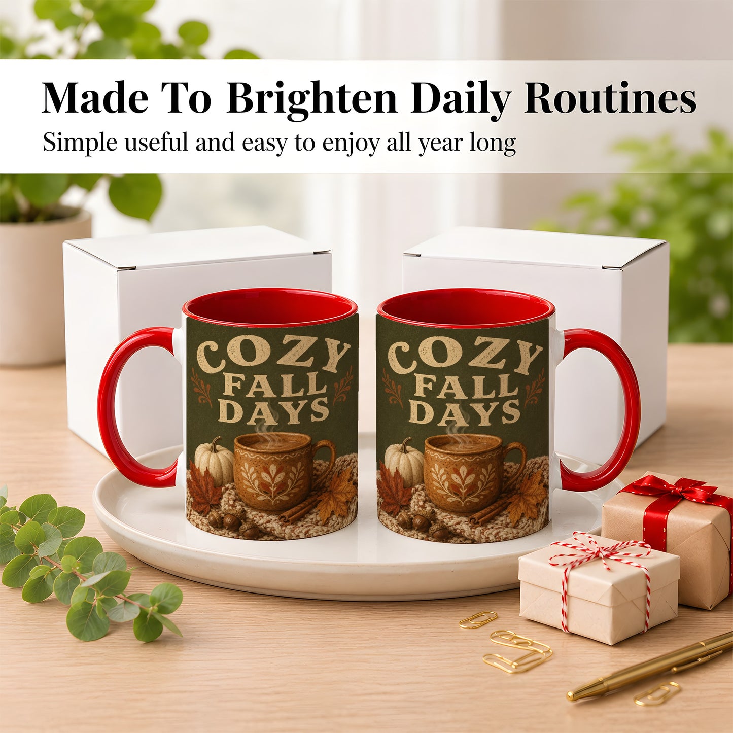 #pl[11oz|Red] Cozy Autumn Coffee Mug, Pumpkin Leaves Mug, Ceramic Cup