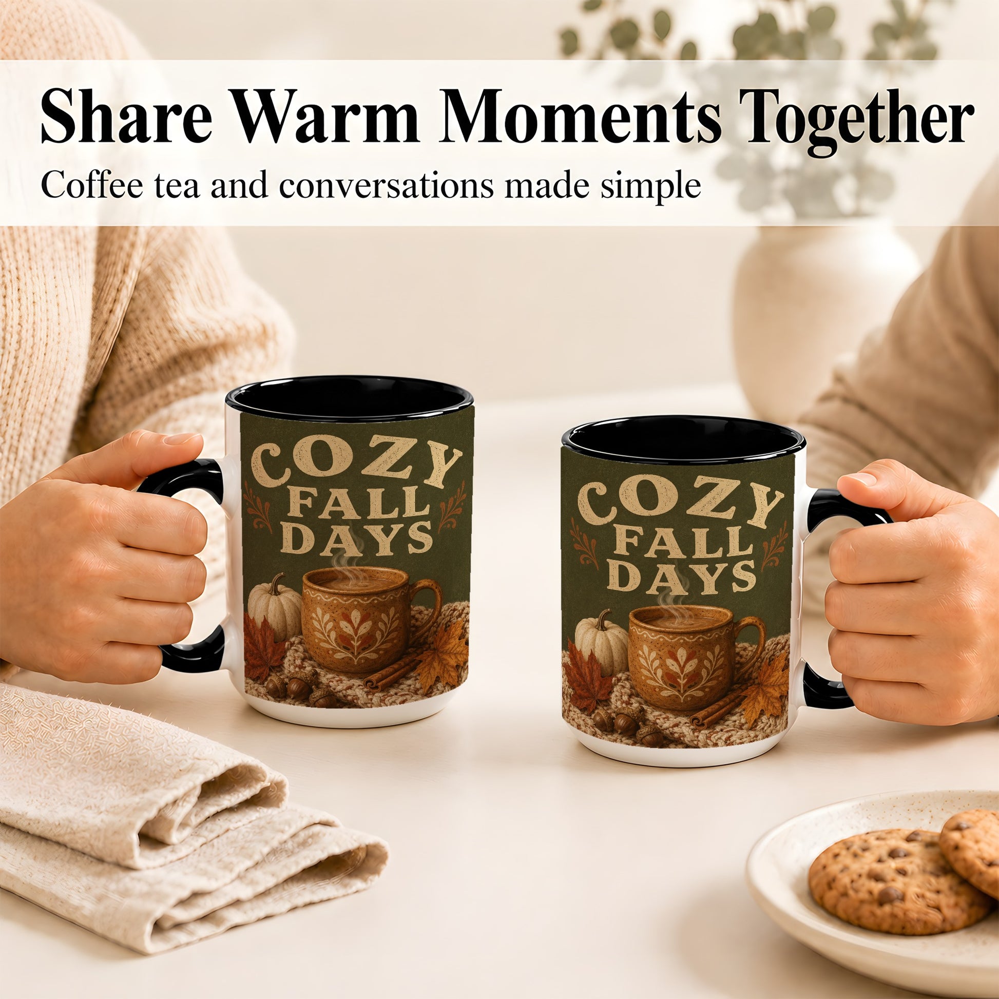 #pl[15oz|Black] Cozy Autumn Coffee Mug, Pumpkin Leaves Mug, Ceramic Cup