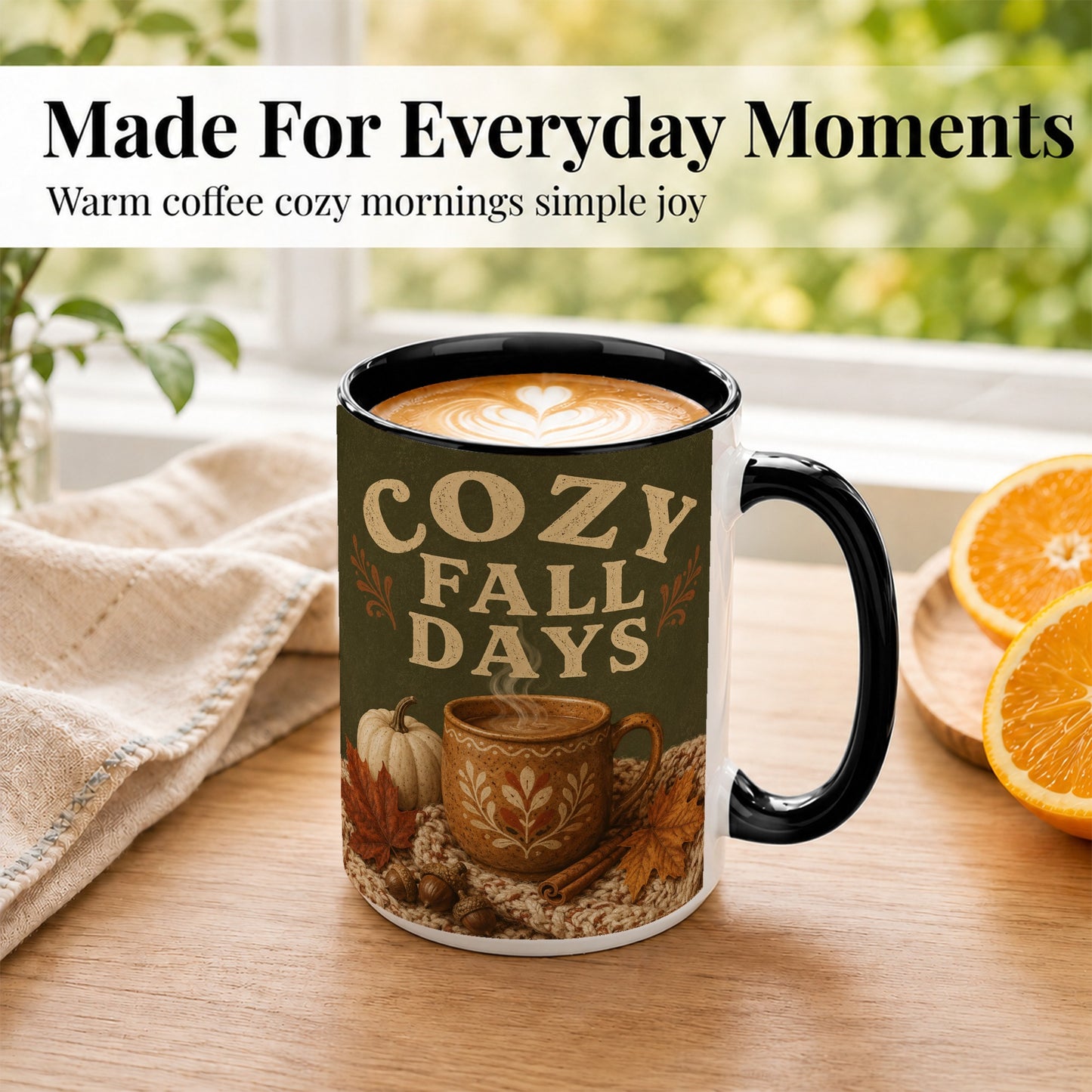 #pl[15oz|Black] Cozy Autumn Coffee Mug, Pumpkin Leaves Mug, Ceramic Cup