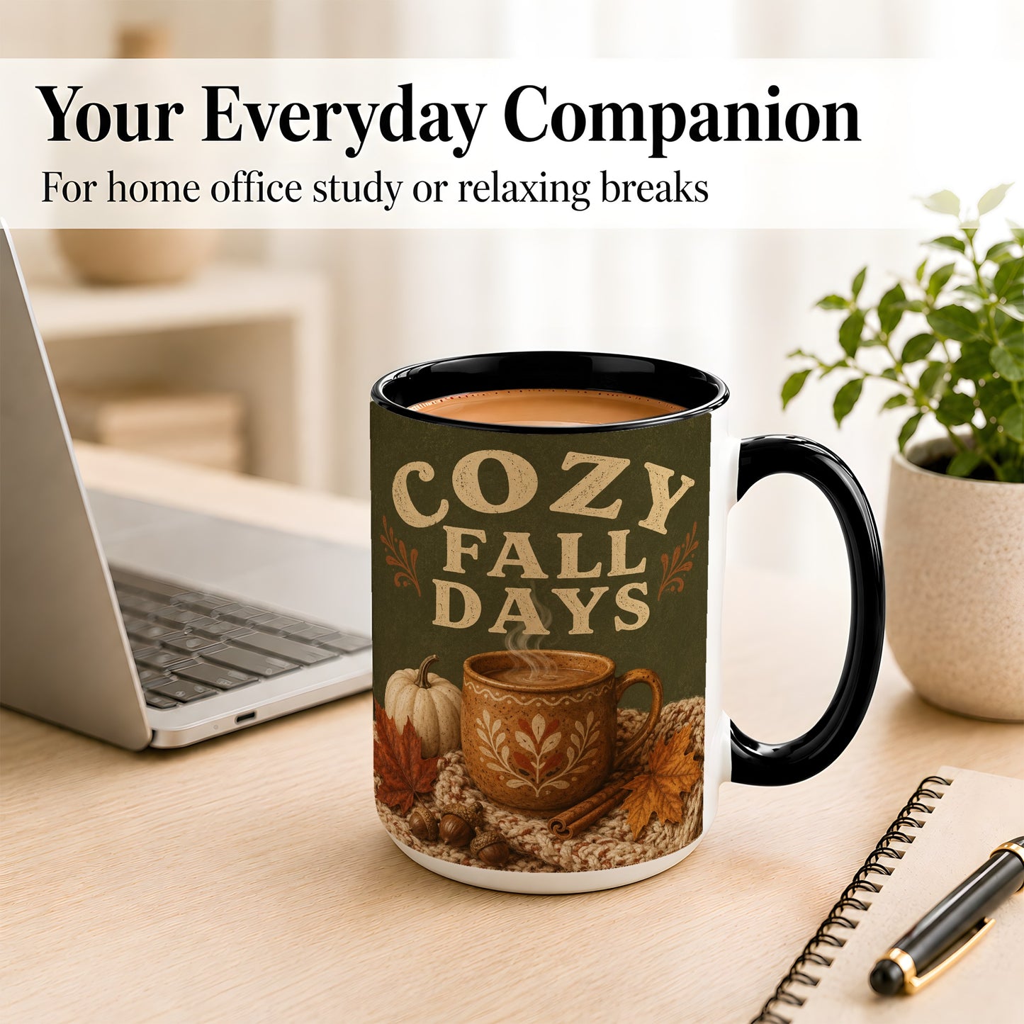 #pl[15oz|Black] Cozy Autumn Coffee Mug, Pumpkin Leaves Mug, Ceramic Cup