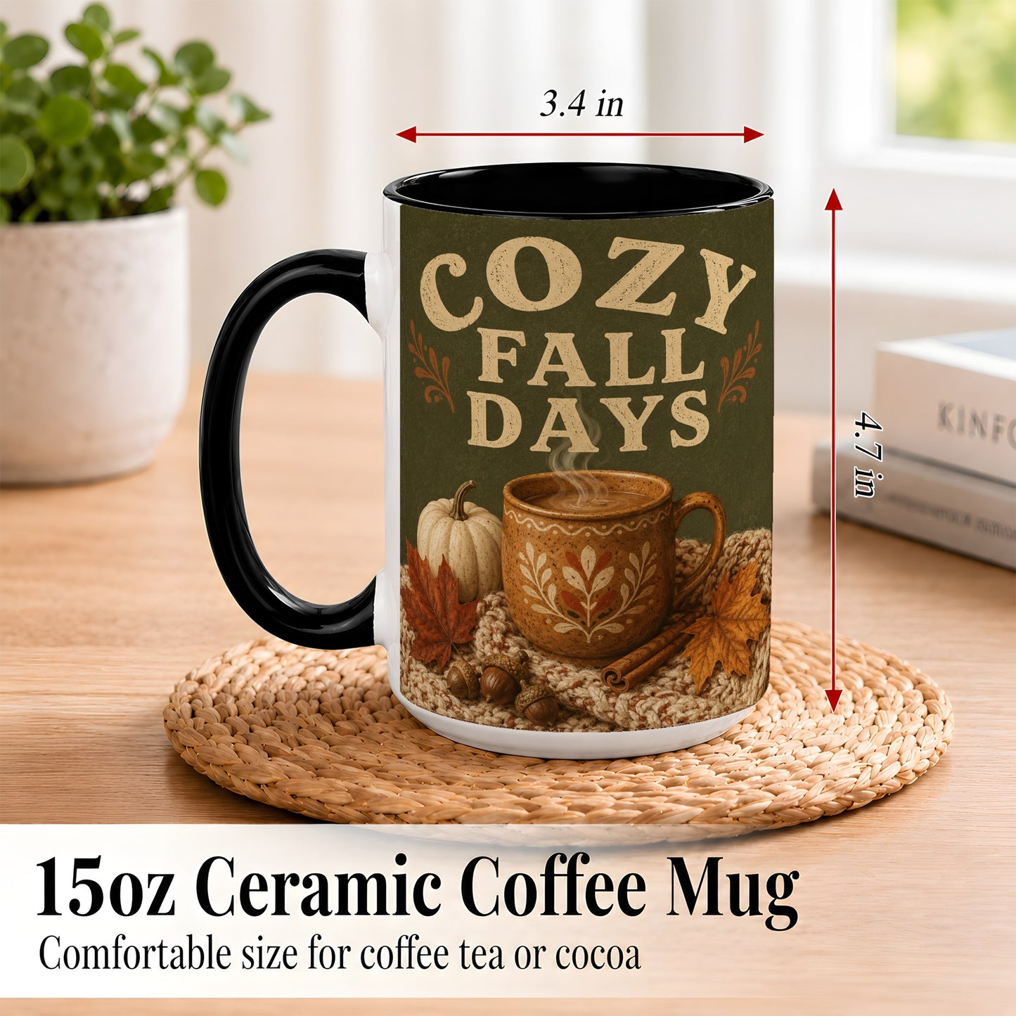 #pl[15oz|Black] Cozy Autumn Coffee Mug, Pumpkin Leaves Mug, Ceramic Cup