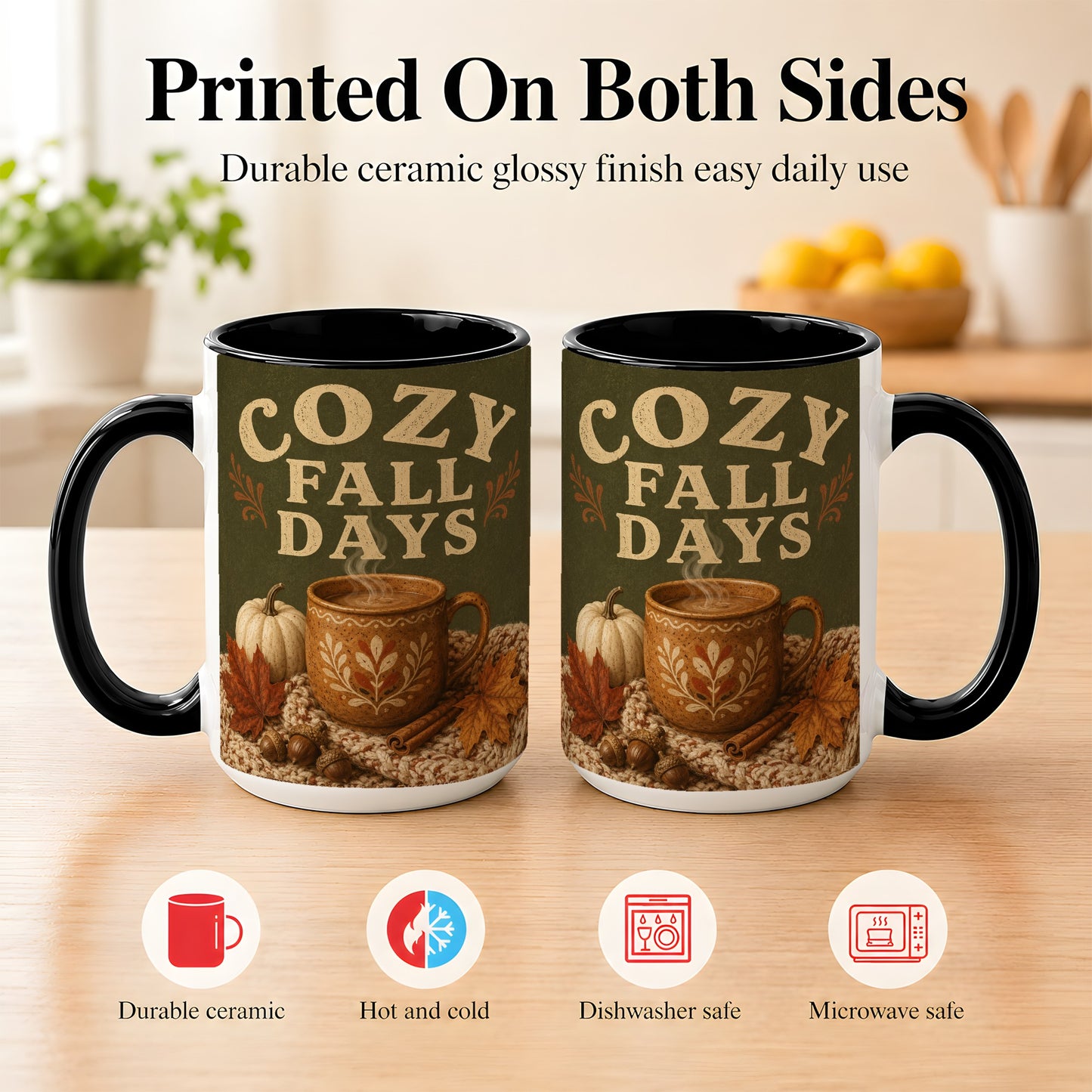 #pl[15oz|Black] Cozy Autumn Coffee Mug, Pumpkin Leaves Mug, Ceramic Cup