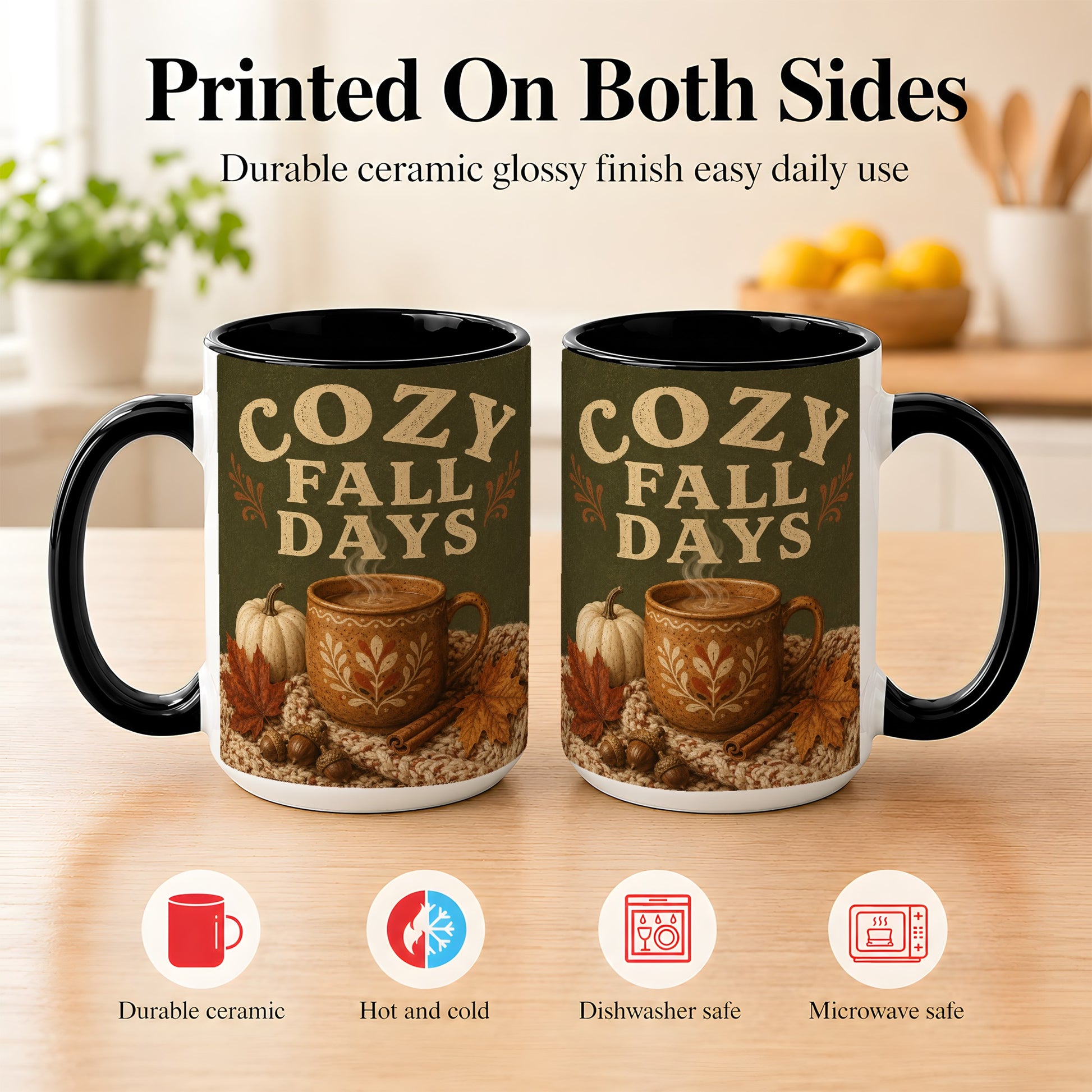 #pl[15oz|Black] Cozy Autumn Coffee Mug, Pumpkin Leaves Mug, Ceramic Cup