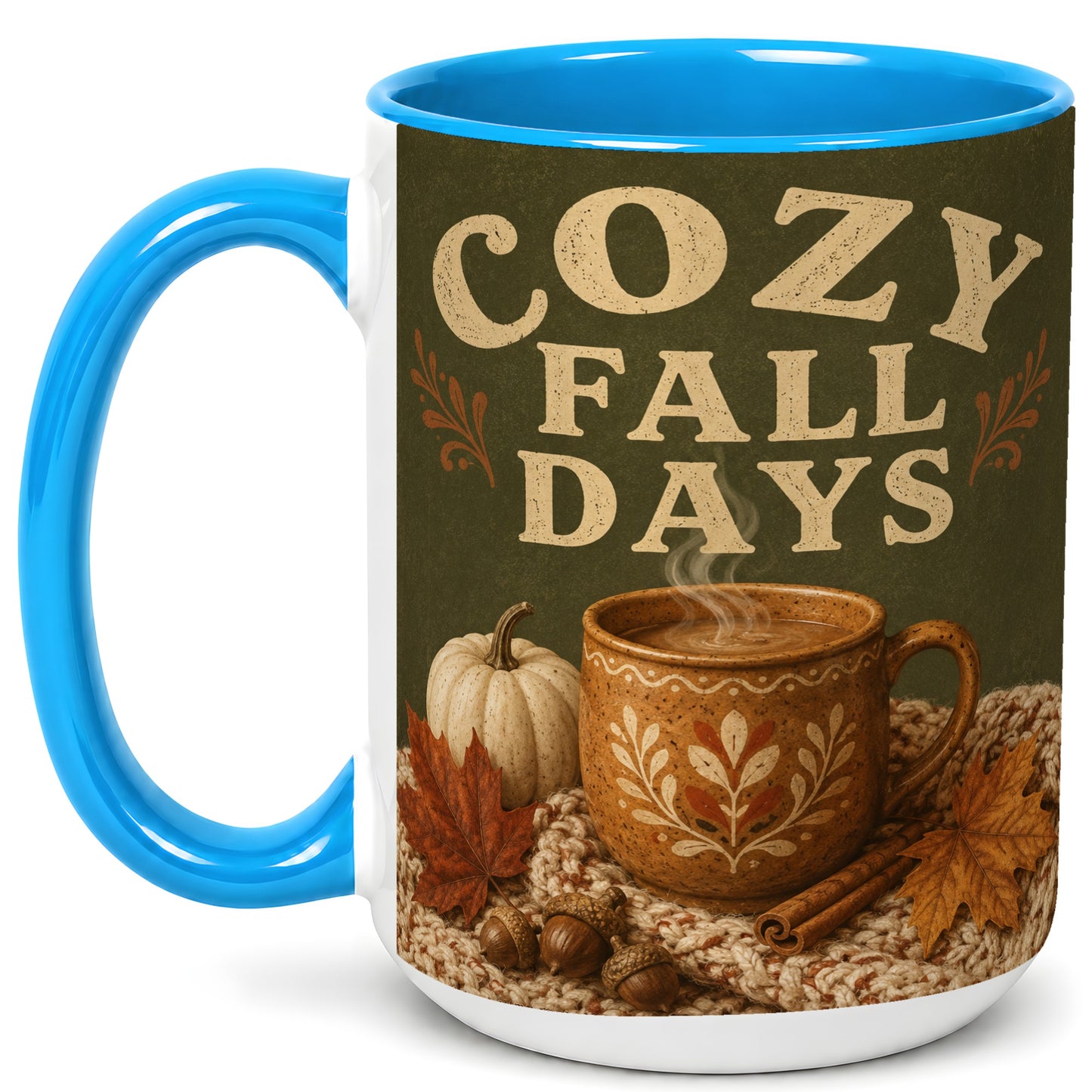 #pl[15oz|Blue] Cozy Autumn Coffee Mug, Pumpkin Leaves Mug, Ceramic Cup