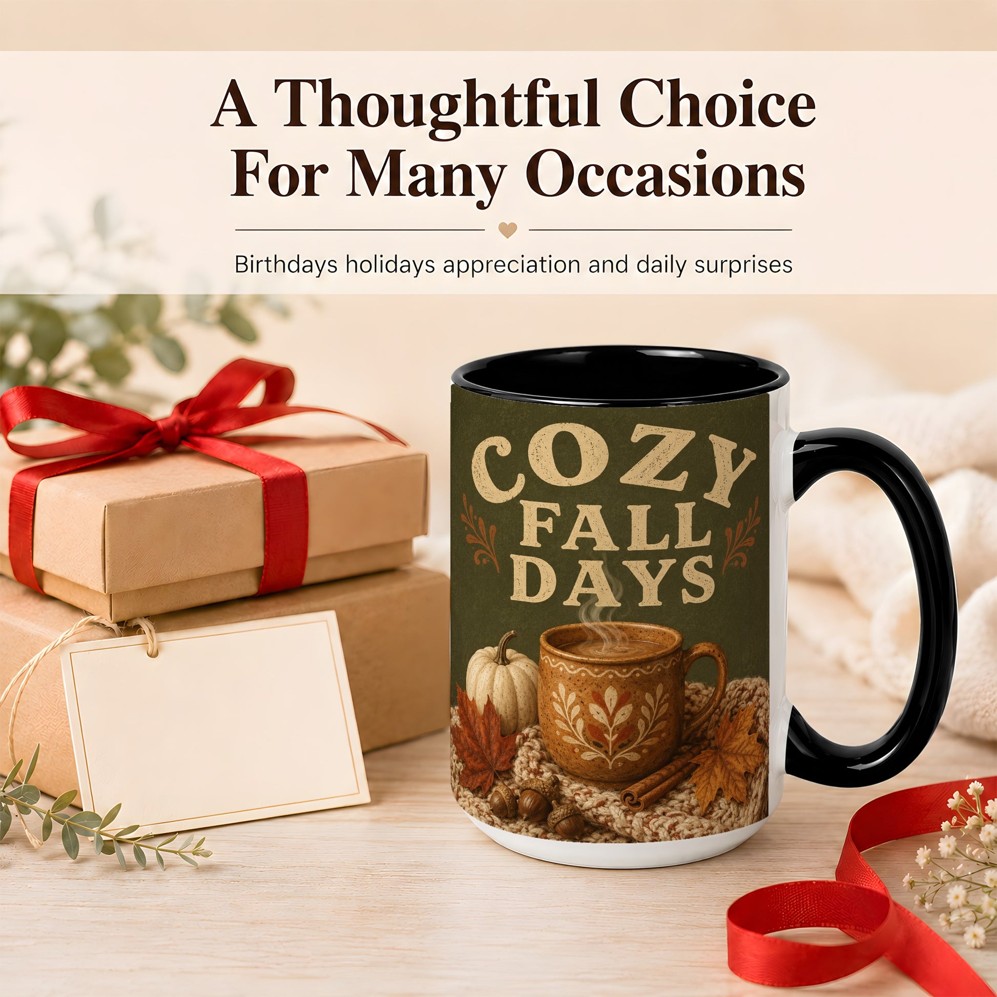 #pl[15oz|Black] Cozy Autumn Coffee Mug, Pumpkin Leaves Mug, Ceramic Cup