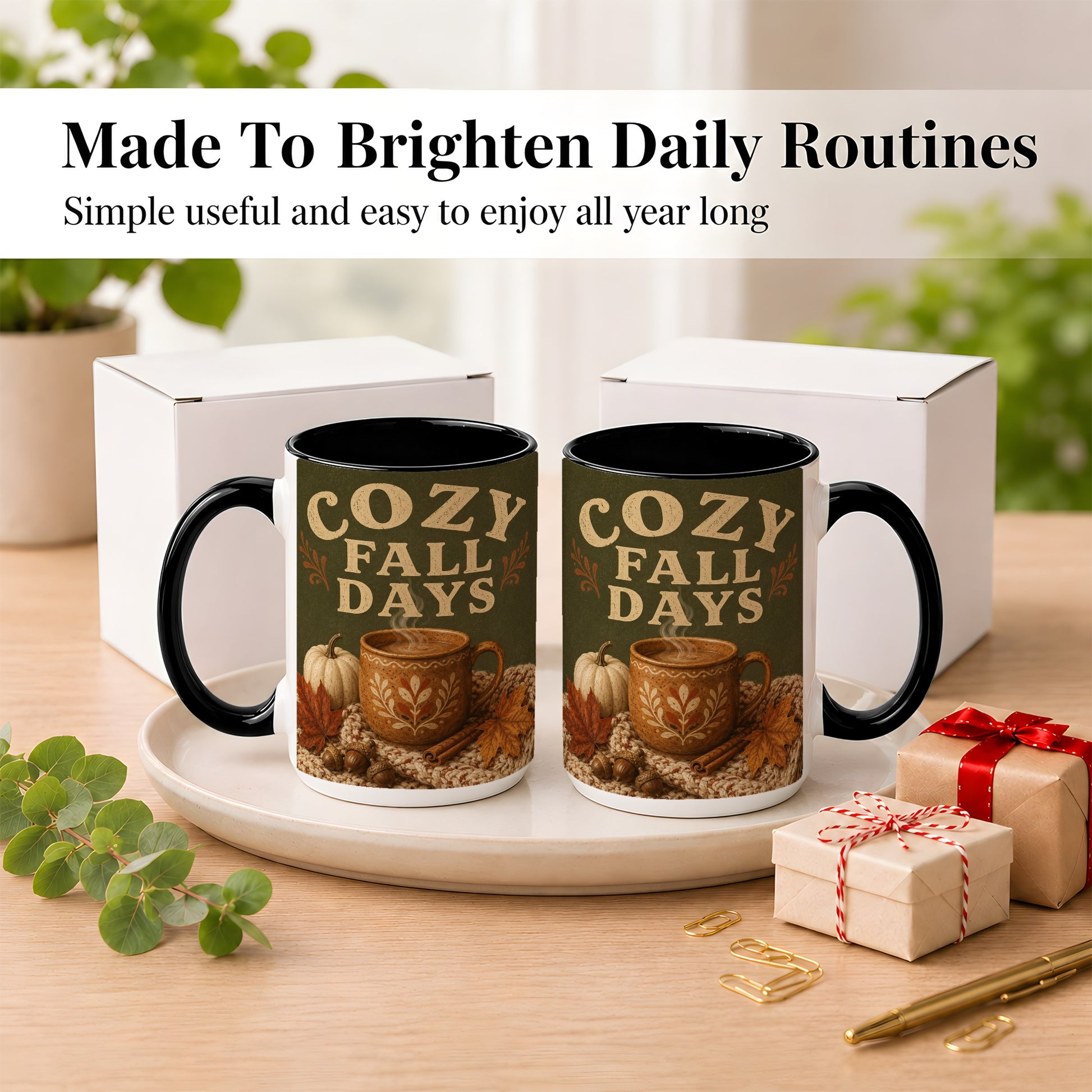#pl[15oz|Black] Cozy Autumn Coffee Mug, Pumpkin Leaves Mug, Ceramic Cup