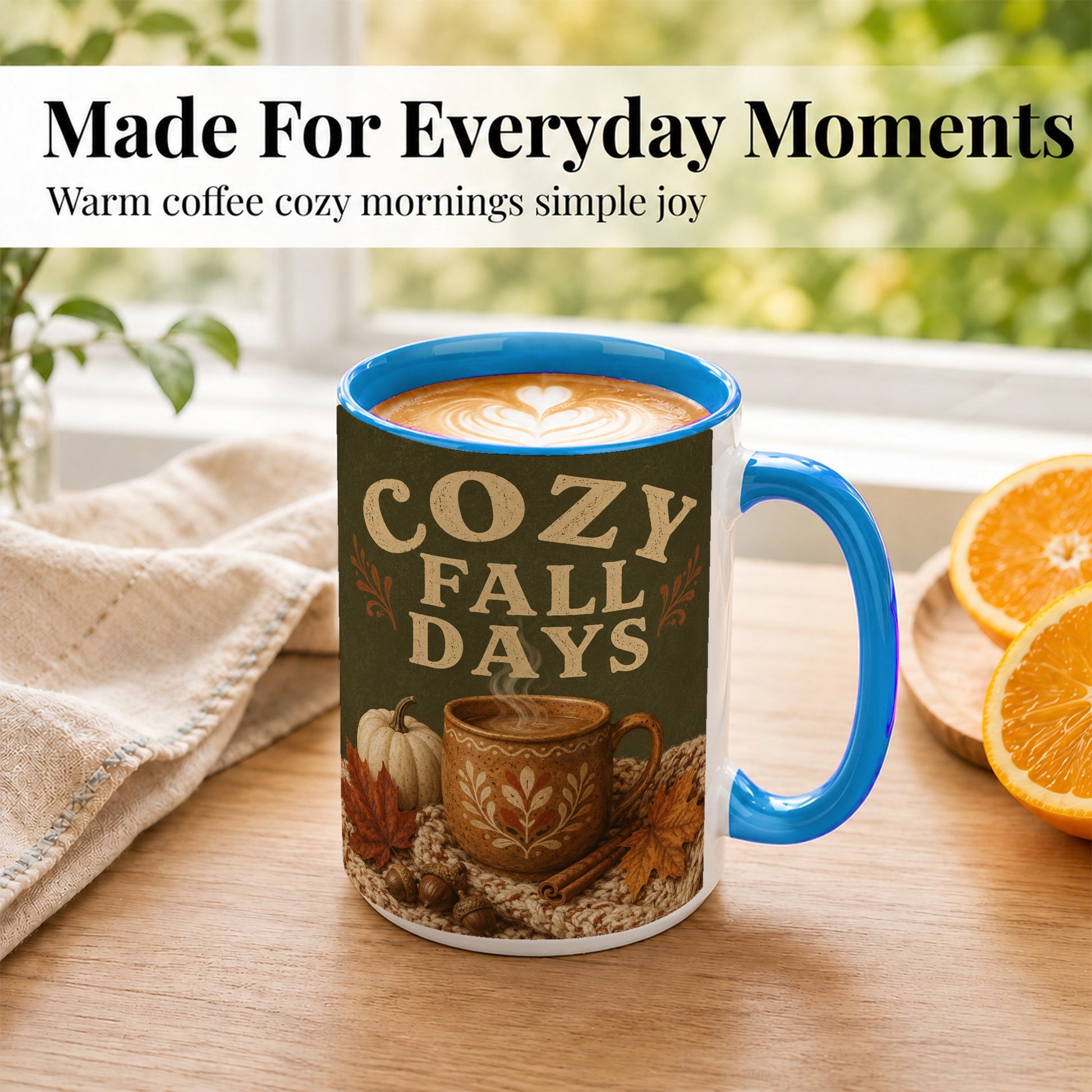 #pl[15oz|Blue] Cozy Autumn Coffee Mug, Pumpkin Leaves Mug, Ceramic Cup