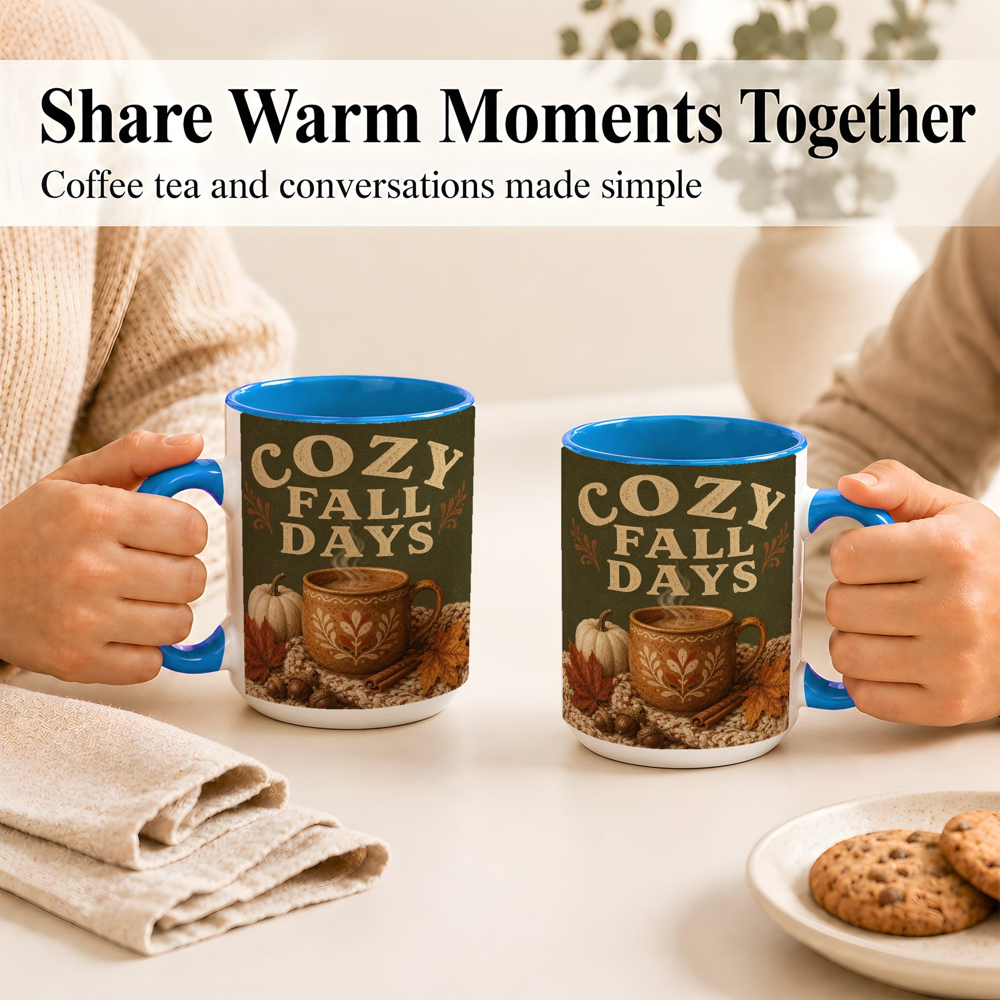 #pl[15oz|Blue] Cozy Autumn Coffee Mug, Pumpkin Leaves Mug, Ceramic Cup