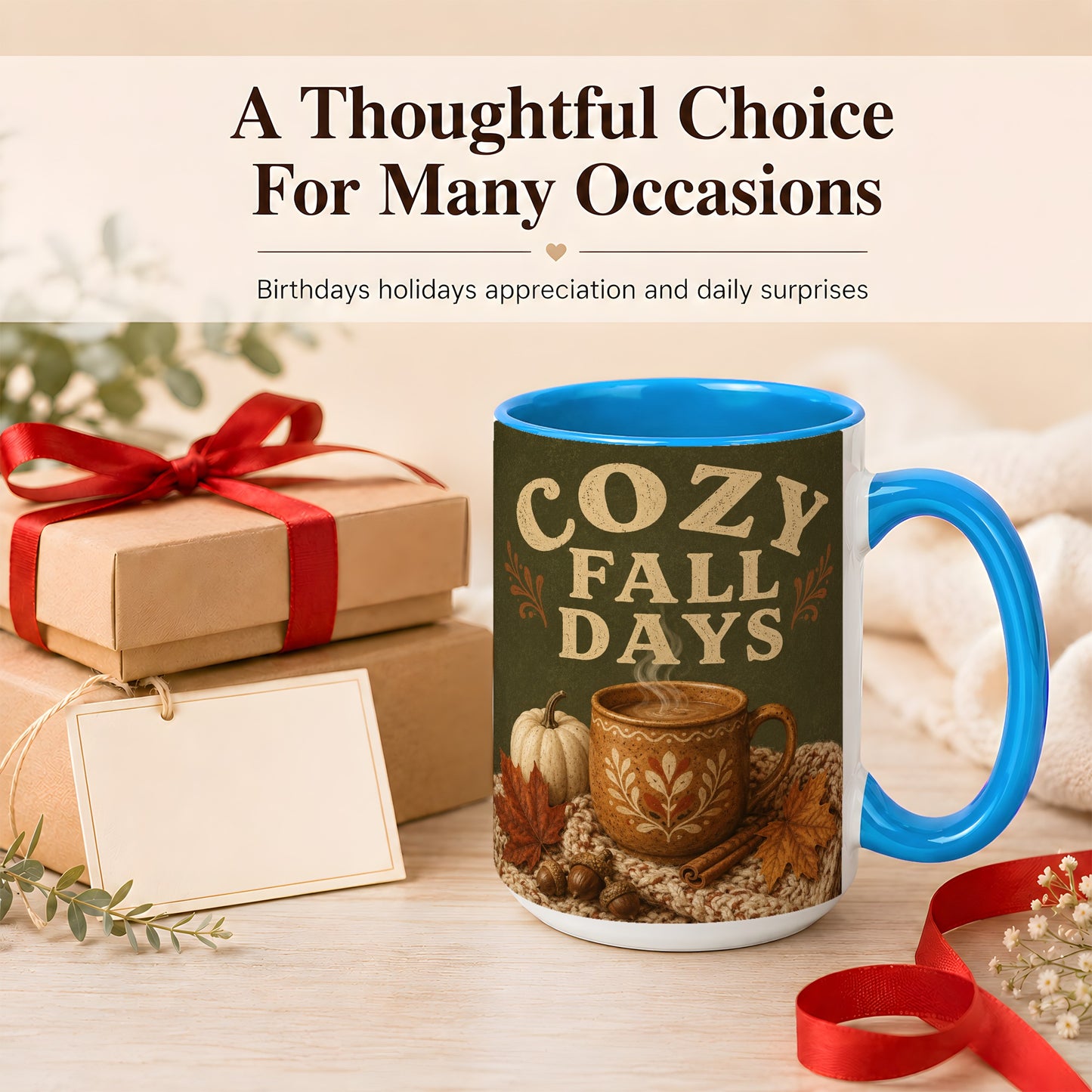 #pl[15oz|Blue] Cozy Autumn Coffee Mug, Pumpkin Leaves Mug, Ceramic Cup