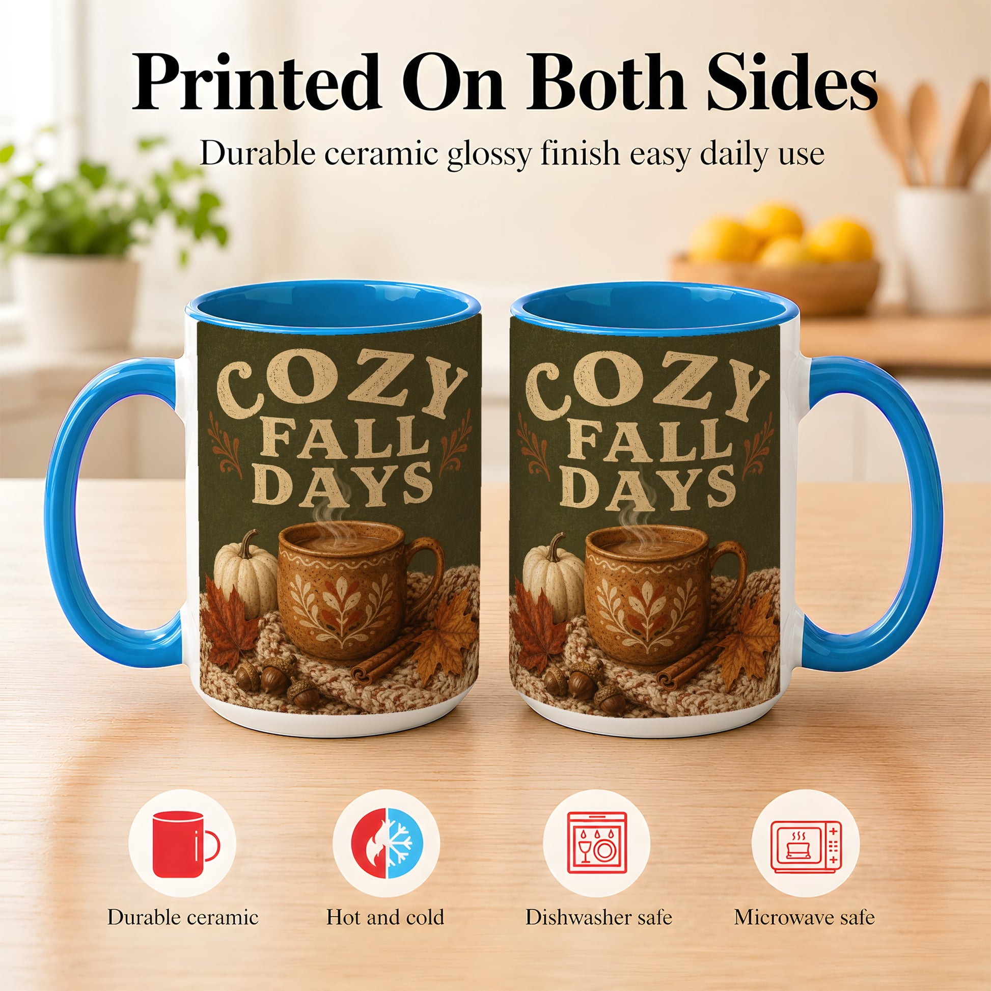 #pl[15oz|Blue] Cozy Autumn Coffee Mug, Pumpkin Leaves Mug, Ceramic Cup