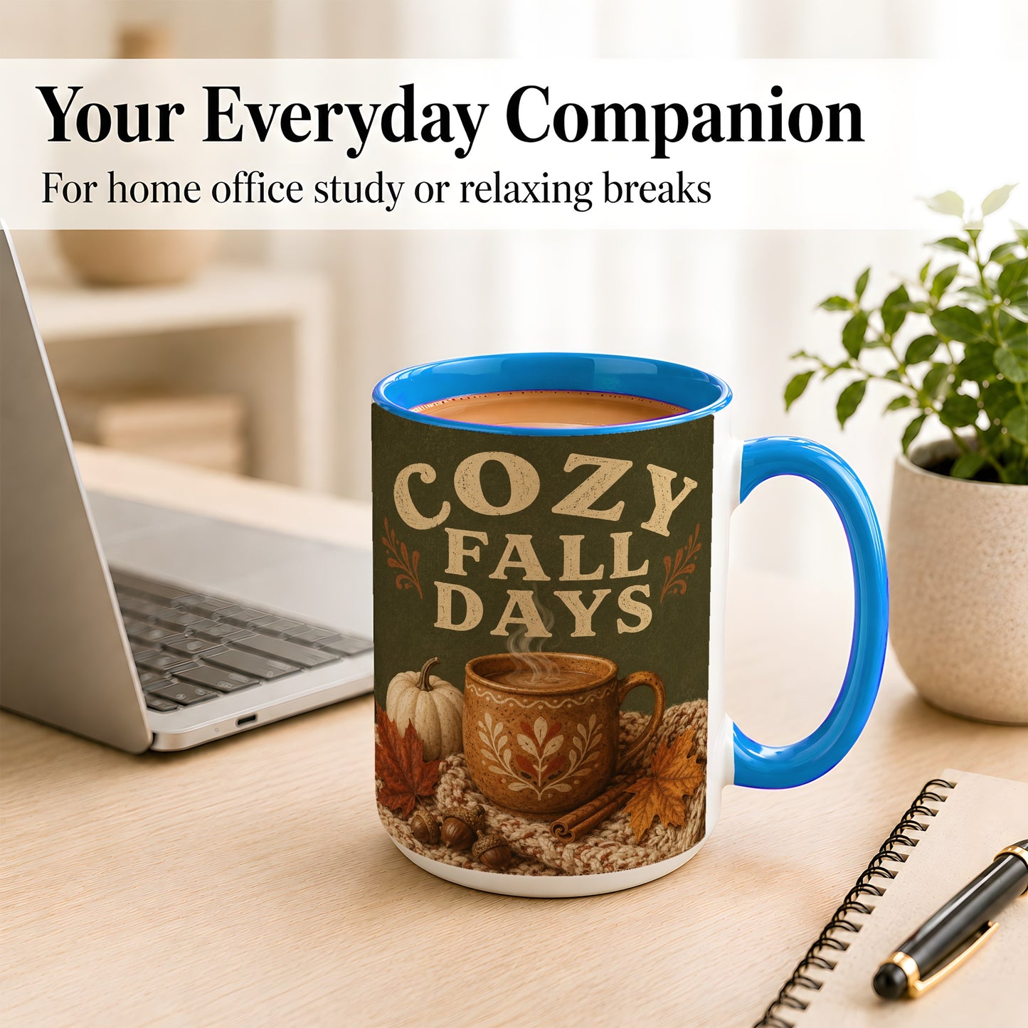 #pl[15oz|Blue] Cozy Autumn Coffee Mug, Pumpkin Leaves Mug, Ceramic Cup