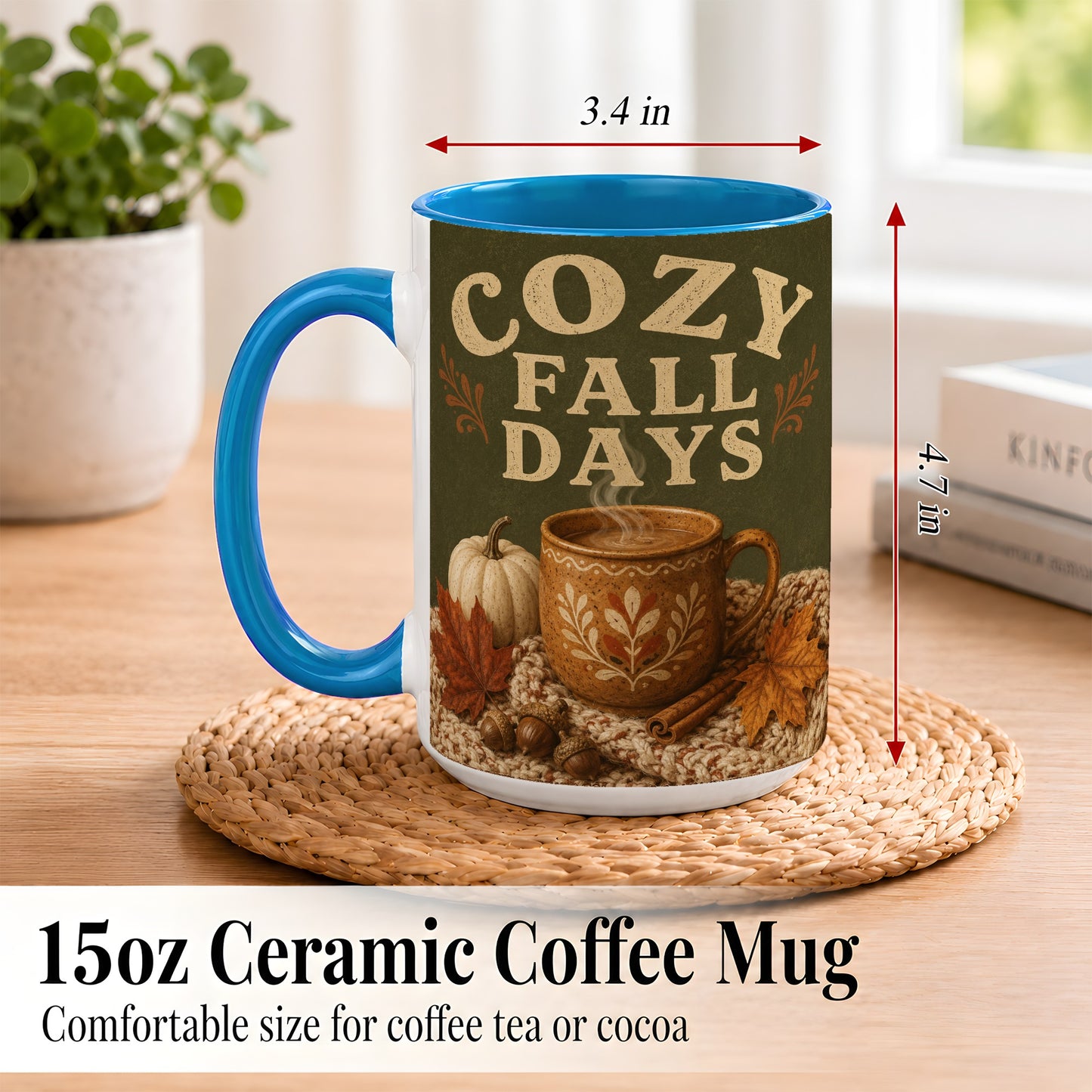 #pl[15oz|Blue] Cozy Autumn Coffee Mug, Pumpkin Leaves Mug, Ceramic Cup