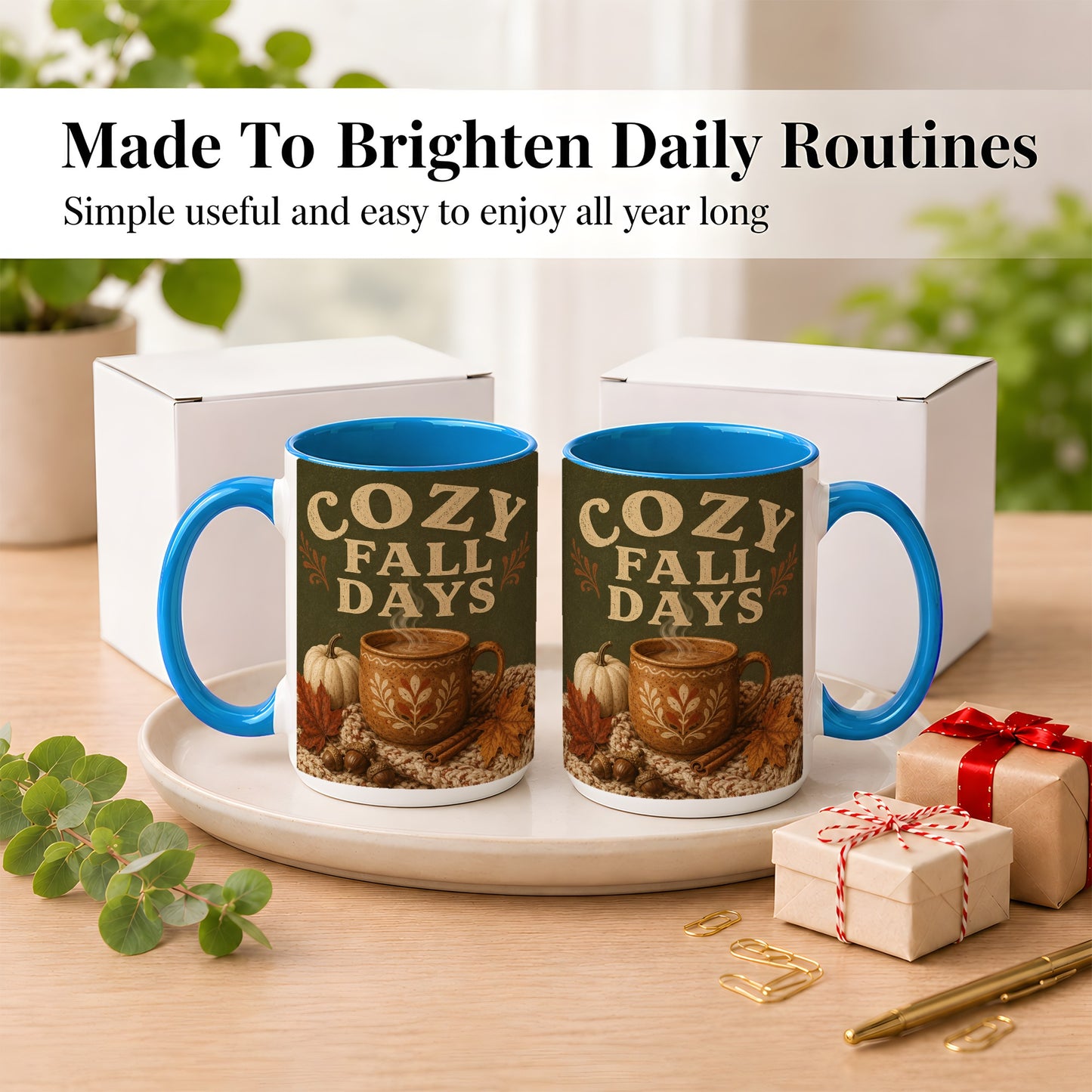 #pl[15oz|Blue] Cozy Autumn Coffee Mug, Pumpkin Leaves Mug, Ceramic Cup