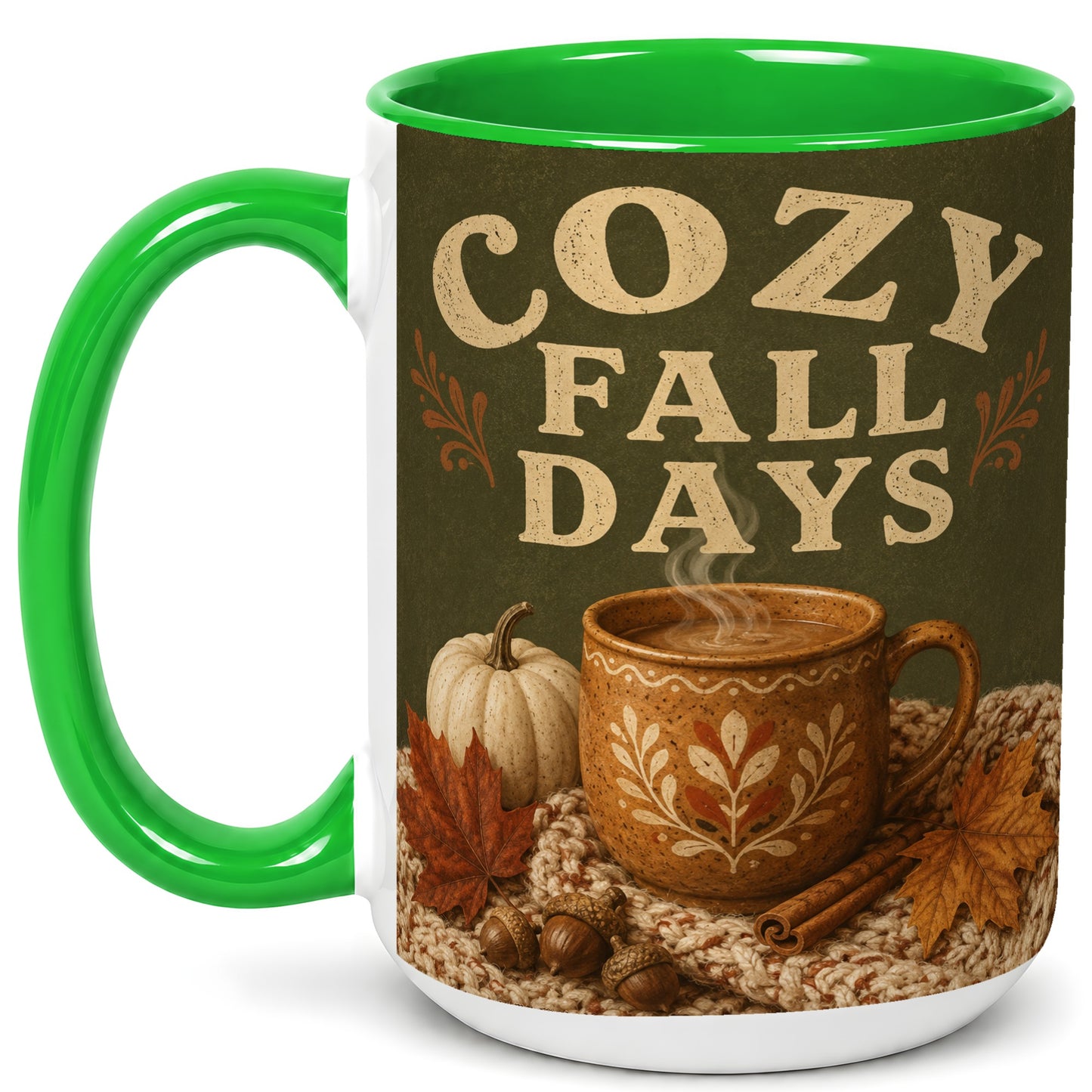 #pl[15oz|Green] Cozy Autumn Coffee Mug, Pumpkin Leaves Mug, Ceramic Cup