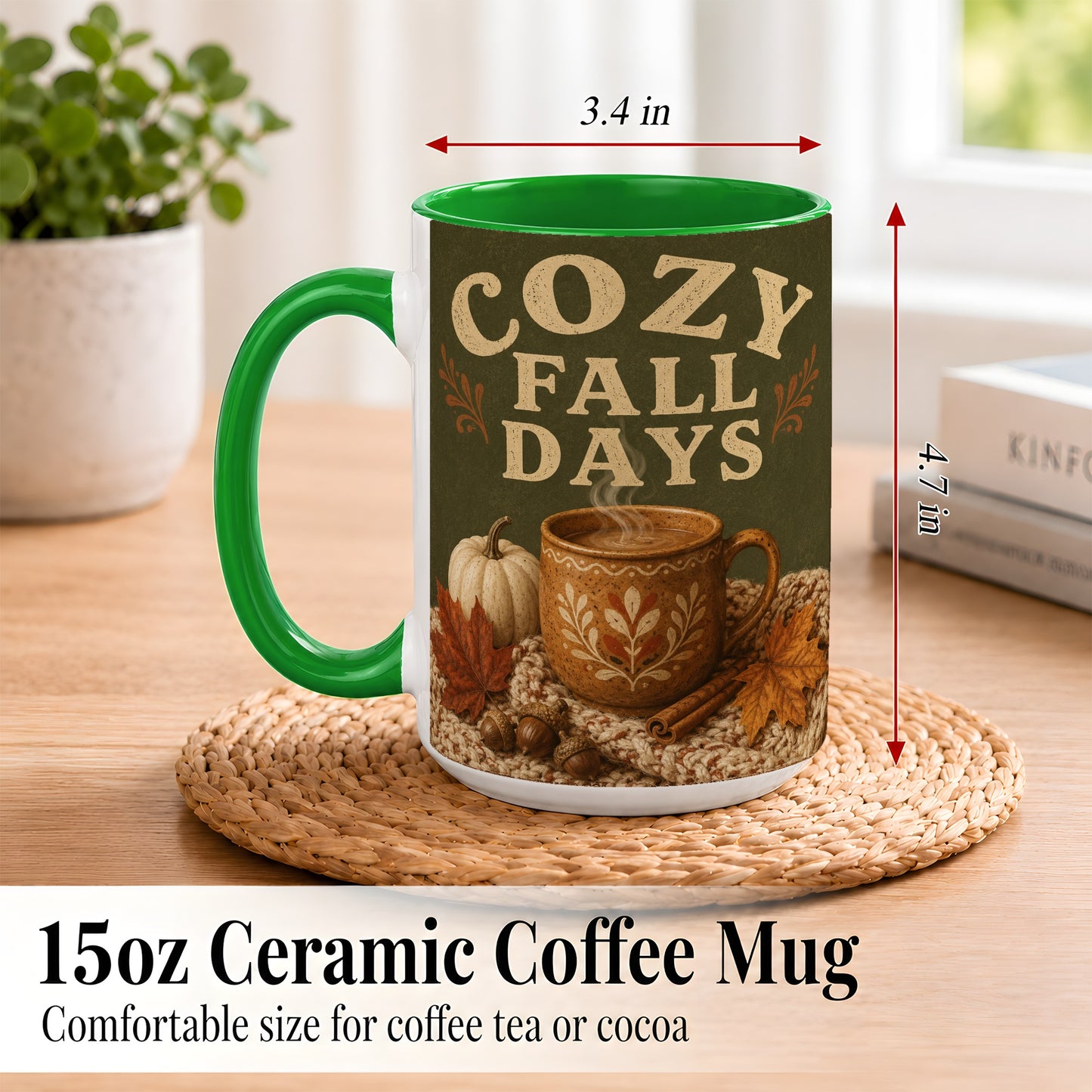 #pl[15oz|Green] Cozy Autumn Coffee Mug, Pumpkin Leaves Mug, Ceramic Cup