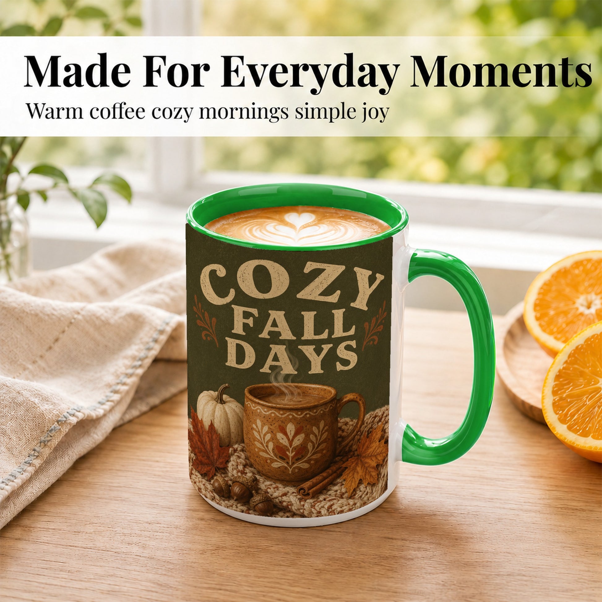 #pl[15oz|Green] Cozy Autumn Coffee Mug, Pumpkin Leaves Mug, Ceramic Cup