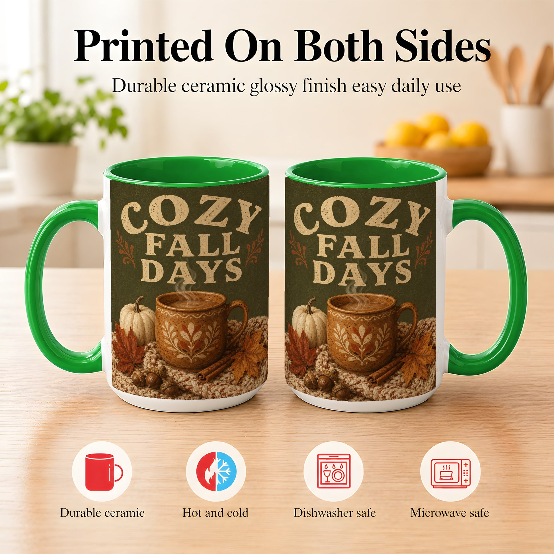 #pl[15oz|Green] Cozy Autumn Coffee Mug, Pumpkin Leaves Mug, Ceramic Cup