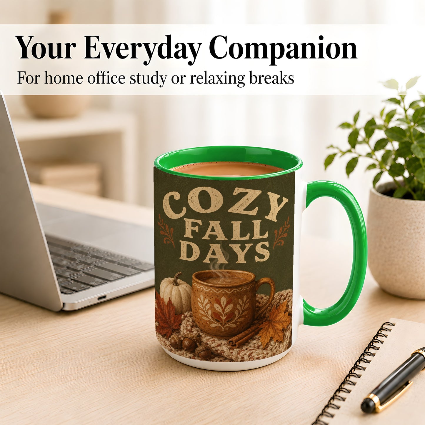 #pl[15oz|Green] Cozy Autumn Coffee Mug, Pumpkin Leaves Mug, Ceramic Cup