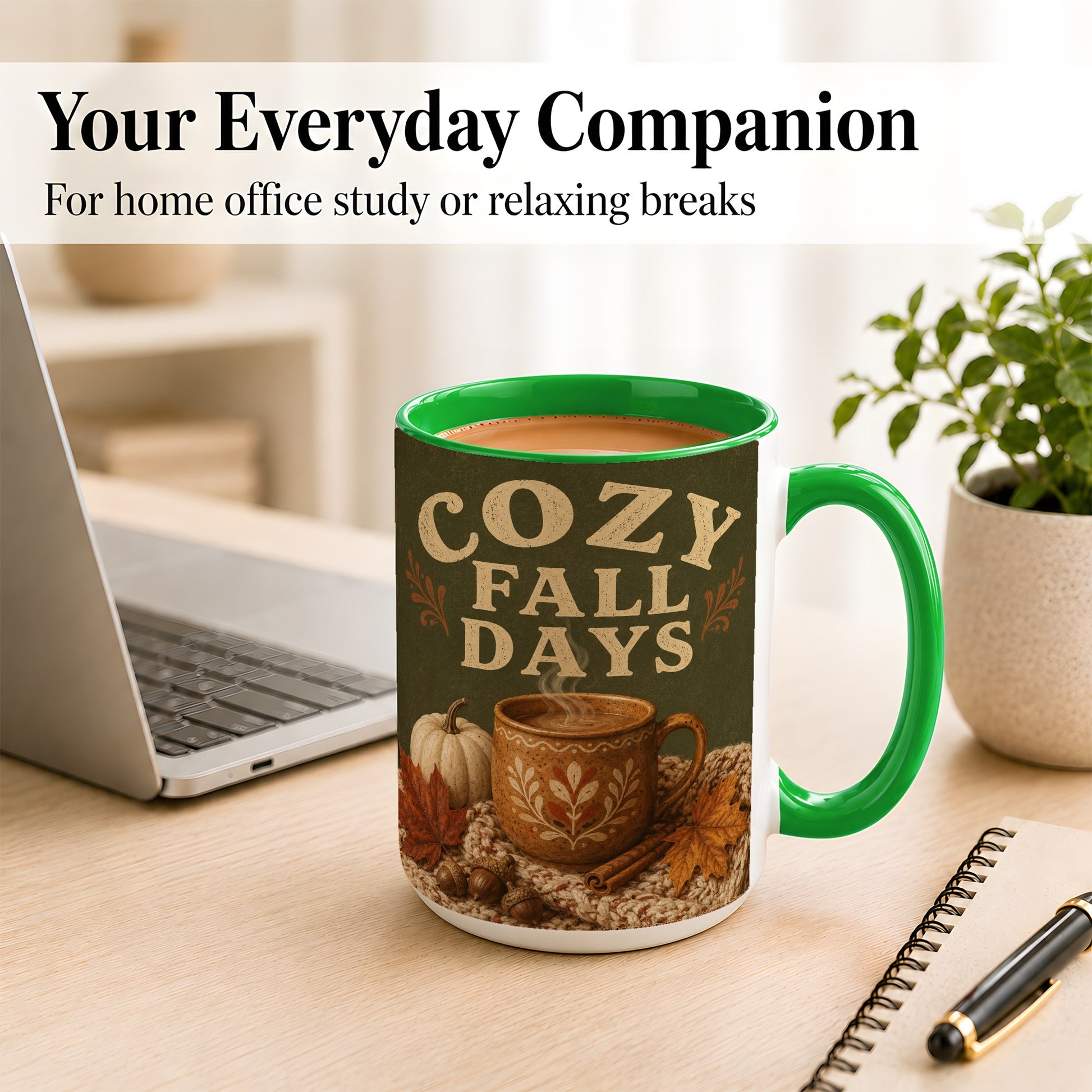 #pl[15oz|Green] Cozy Autumn Coffee Mug, Pumpkin Leaves Mug, Ceramic Cup