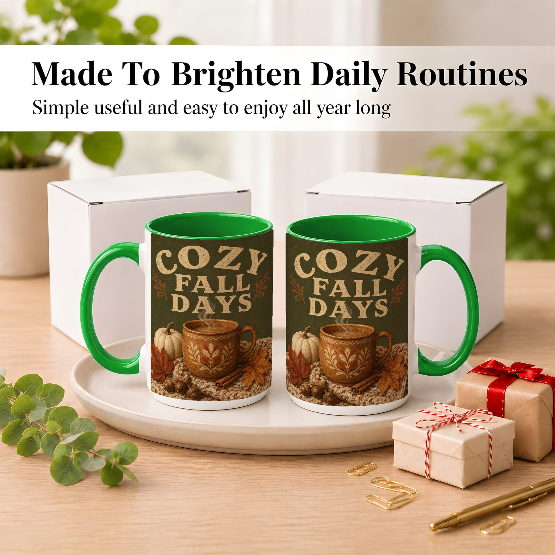 #pl[15oz|Green] Cozy Autumn Coffee Mug, Pumpkin Leaves Mug, Ceramic Cup